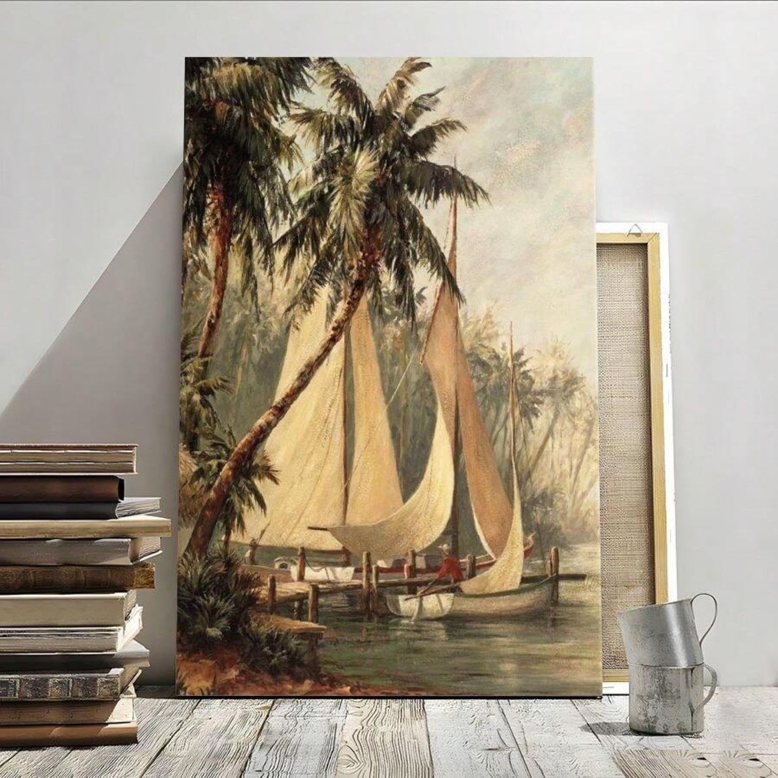 XBTYKPB Tropical Coast Sailing Boats Moored Impressionist Style Wall Art - Canvas Prints Poster, Living Room Bedroom Wall Decor 30x45cm Withframe