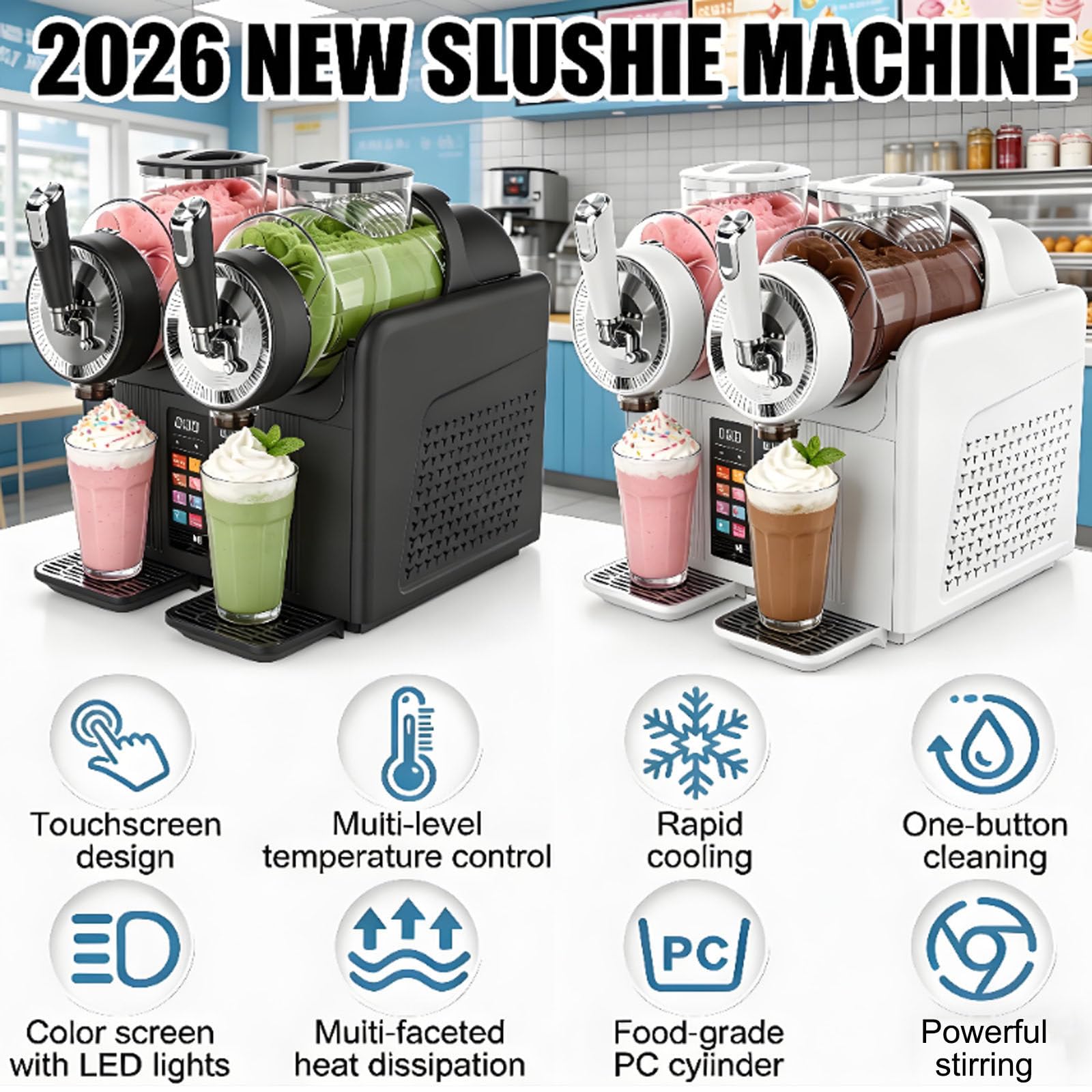 Máquina De Granizados De 430 W,7 En 1, Máquina De Helado Suave con Dos Depósitos De 2 litros, Limpieza Automática, Bloqueo Infantil, Dispensador De Bebidas Frías Black