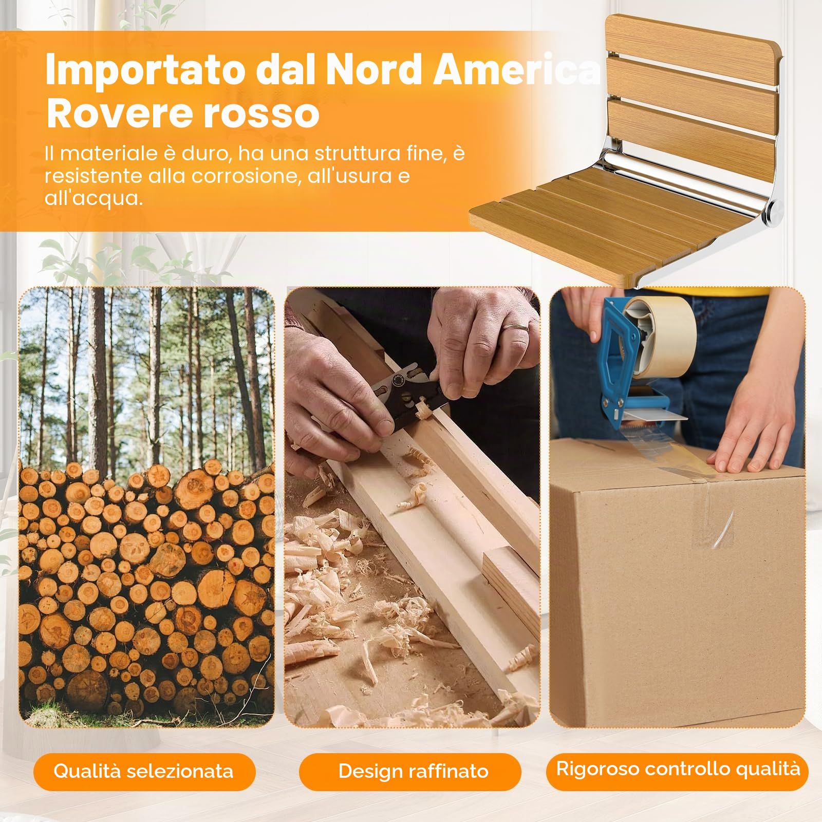 Sedia Doccia Pieghevole a Muro - Portata 200kg Schienale Ergonomico, Antiscivolo Anziani/Disabili, Panca Quercia Pieghevole,Legno