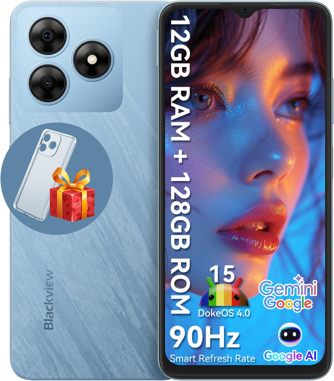 Blackview WAVE 8 Unlocked Mobile Phones, 12GB+128GB/2TB, Octa-Core 4G Android 15 Smart Phone, 13MP+8MP AI Camera 5000mAh/10W, Dual SIM Smartphone, 6.56" HD+, GPS/OTG, Fingerprint/Face ID, Blue