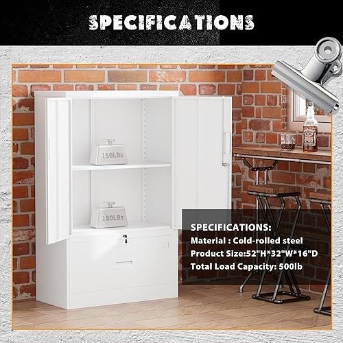 Miniatura 6 de Greenvelly Gabinete de almacenamiento de metal blanco, gabinete de acero de oficina de 42 pulgadas con puertas y estantes ajustables, archivador con