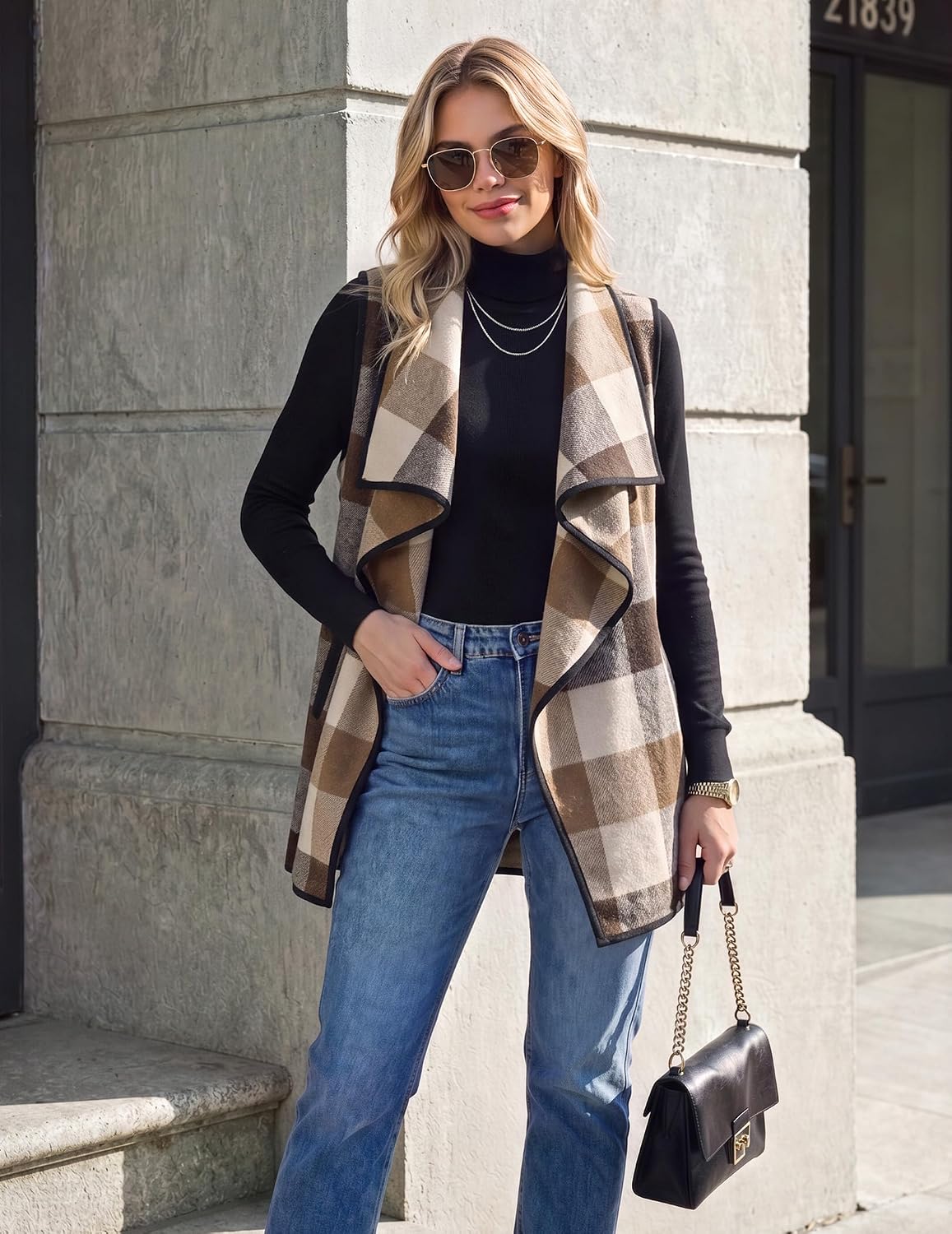 Zeagoo Women Vest Long Plaid Jackets Sleeveless Flannel Coats with Pockets