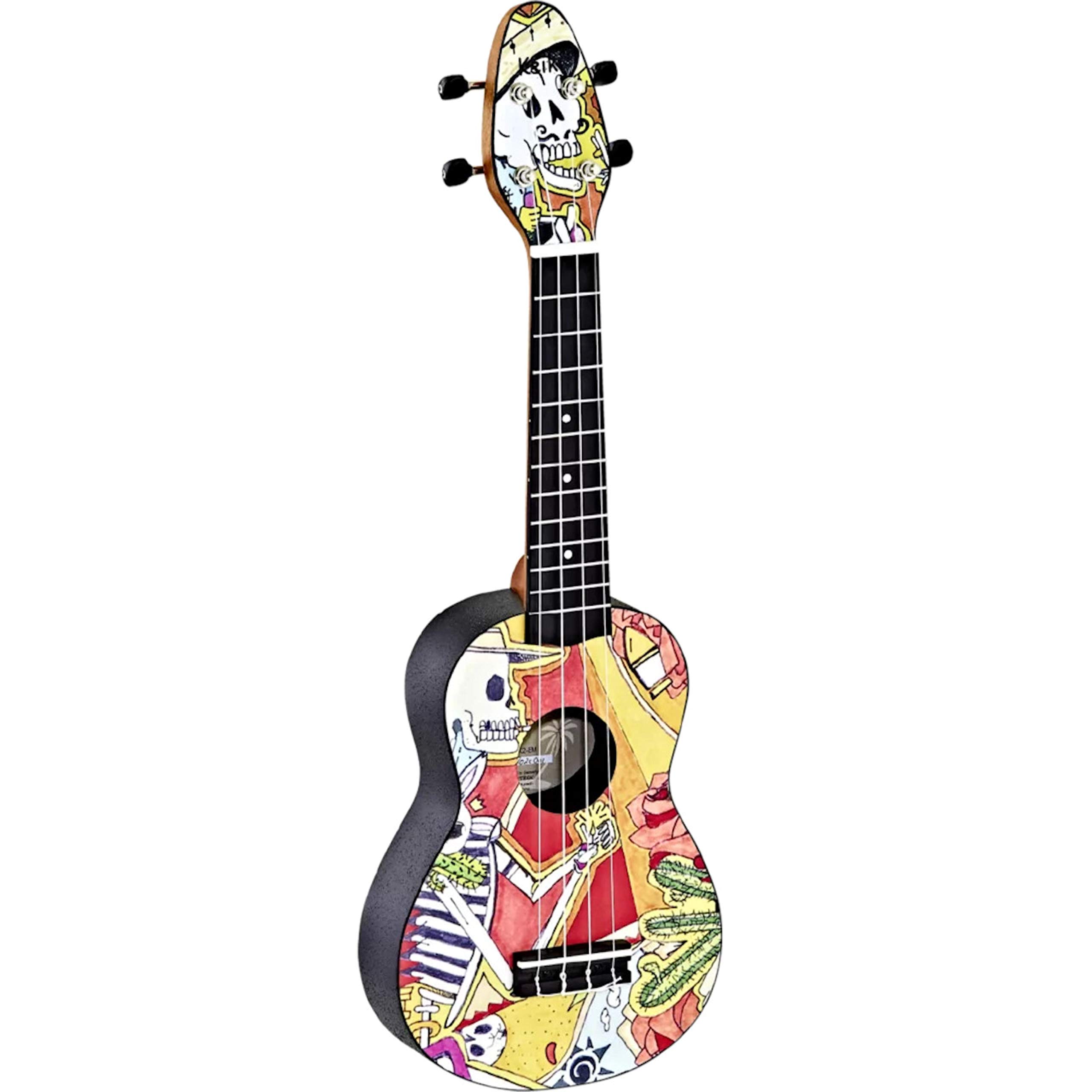 Ortega Guitars Akustyczne Ukulele Sopranowe – Seria Keiki K2 – w Zestawie z Akcesoriami – Agathis/ABS, Motyw El Muerto (K2-EM)