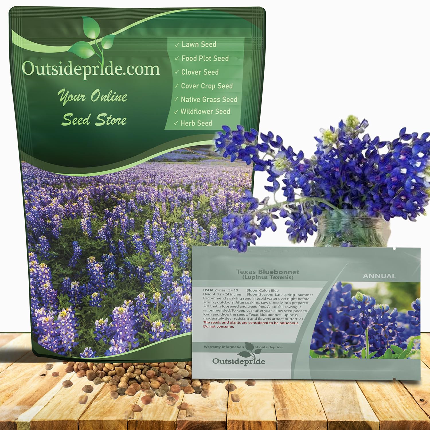Outsidepride Texas Bluebonnet Seeds - 1 lb. Annual Lupinus Texensis, Heirloom Quality, Drought-Tolerant Wildflower Seeds w/Blue Blooms for Vibrant Spring Displays, Landscape, & Attracts Pollinators