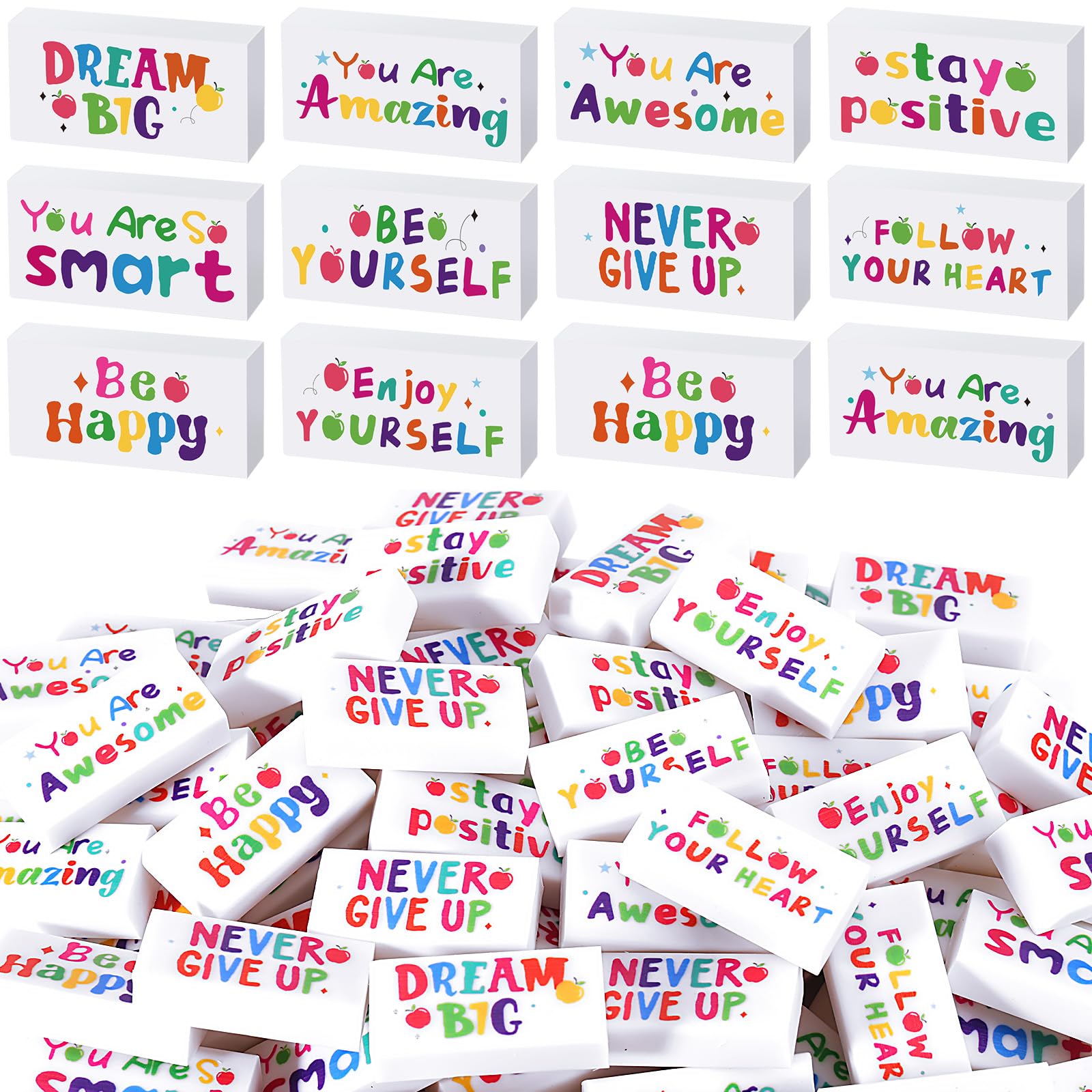 100 Stück inspirierende Bleistift-Radiergummis, weiß, motivierender Radiergummi für Kinder, lustige Radiergummis, Großpackung für Studenten, Lehrer, Preis, Belohnung, Schulanfang, Bürobedarf