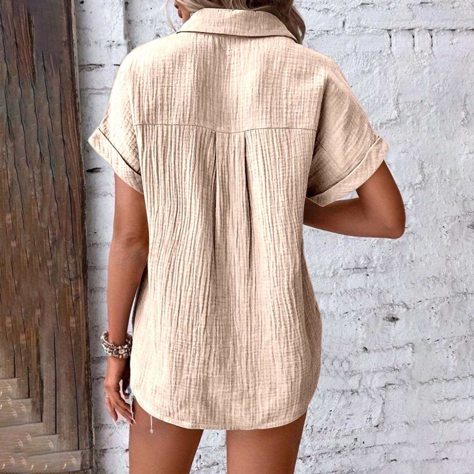 Camisas de lino de manga corta con cuello para mujer, color liso, primavera, verano, 2026, con botones, de lino, algodón, casuales, ligeras, blusas de muselina para mujer, ajuste holgado, manga dolman