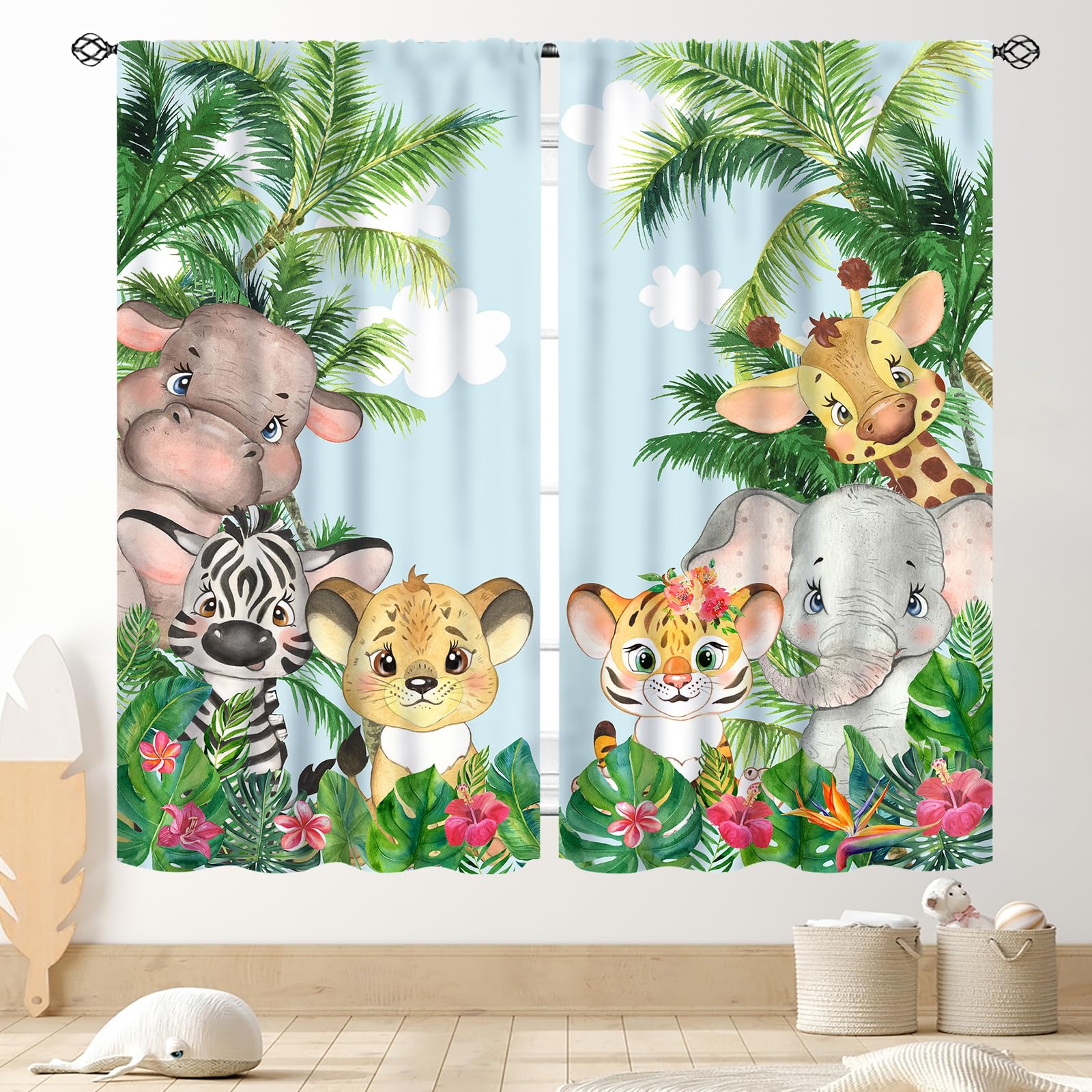 Tkuyo Boys Woodland-06 Children's Curtains, Woodland Animals, Watercolor, Forest, Jungle, Safari, Wildlife, Lion, Elephant, Giraffe, Animal World, Cartoon, Window Curtains, Treatments For Baby, Girls, Bedroom, Living