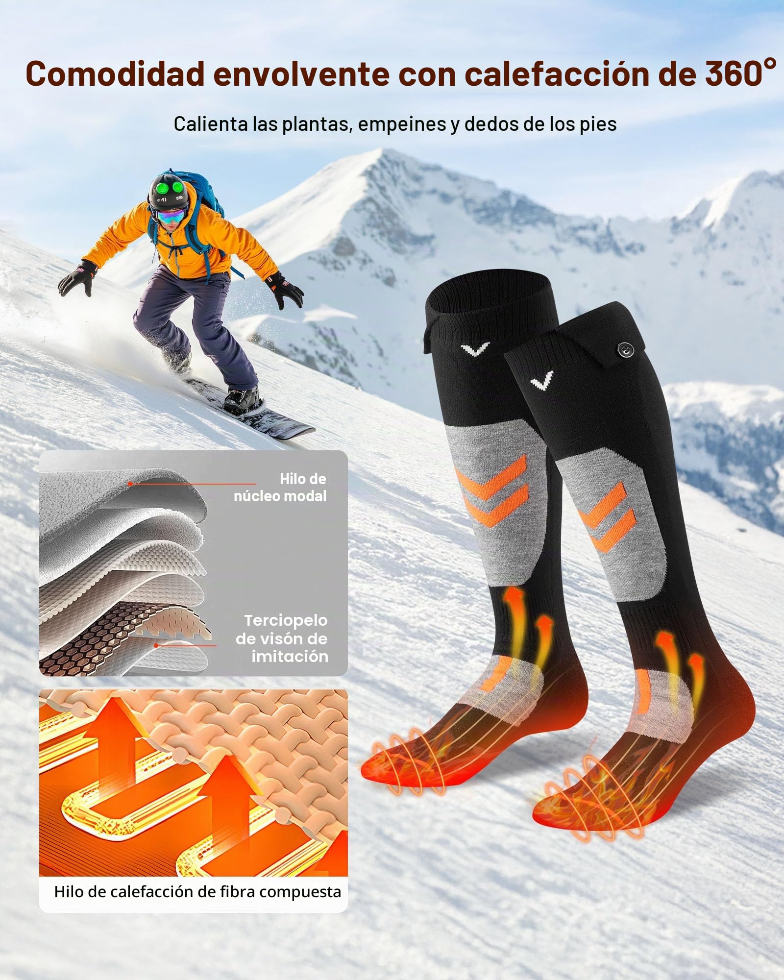 VEVOR Calcetines calefactados, batería de 5000 mAh, recargable, con 4 niveles de calefacción, calcetines eléctricos con control de aplicación para hombres y mujeres, calentador de pies para caza