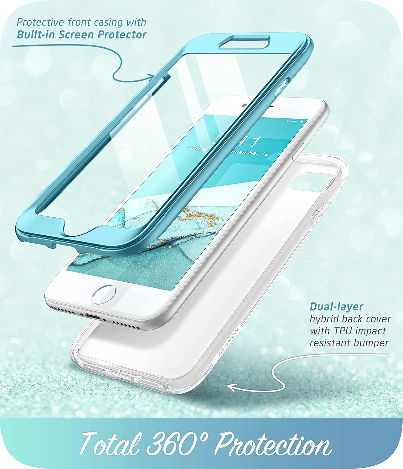 i-Blason Cosmo Series iPhone SE 2020/7/8 Case, Stylish Blue Bumper with Built-in Screen Protector (Blue)
