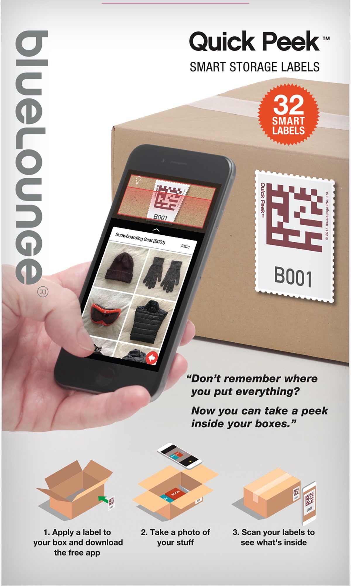 [Quick Peek] Storage Containers Smart Label System / Like Having X-Ray Vision for Your Storage Bins - iPhone App plus Stickers for Moving, Shoe Boxes - Organize for Office, Home, Business - 32 Labels
