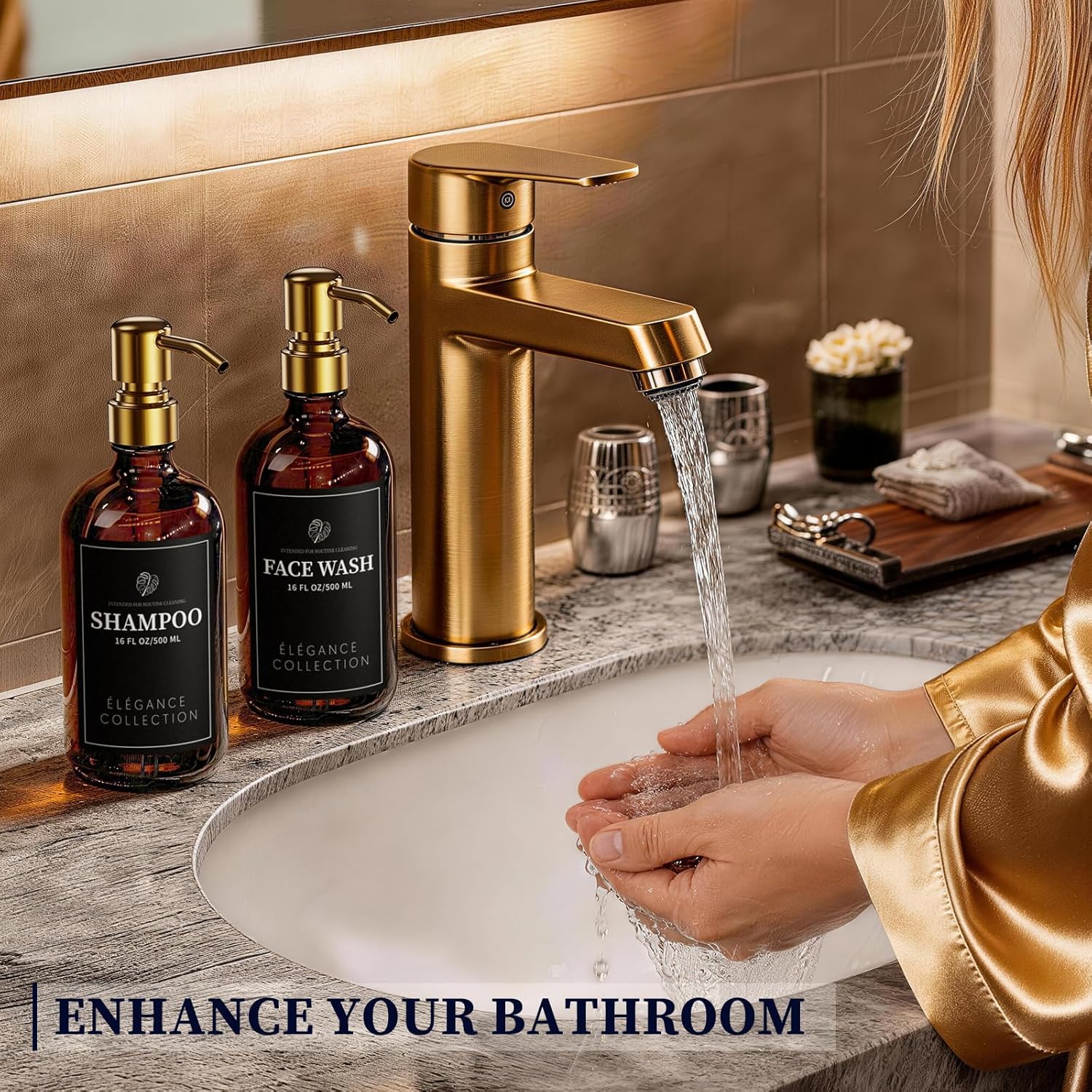 Amber Glass Soap Dispenser Set of 2, 16oz Hand and Dish Soap Dispenser for Kitchen & Bathroom, Gold Stainless Steel Pump, Non-Slip Base, 14 Waterproof Labels, Organic Decor