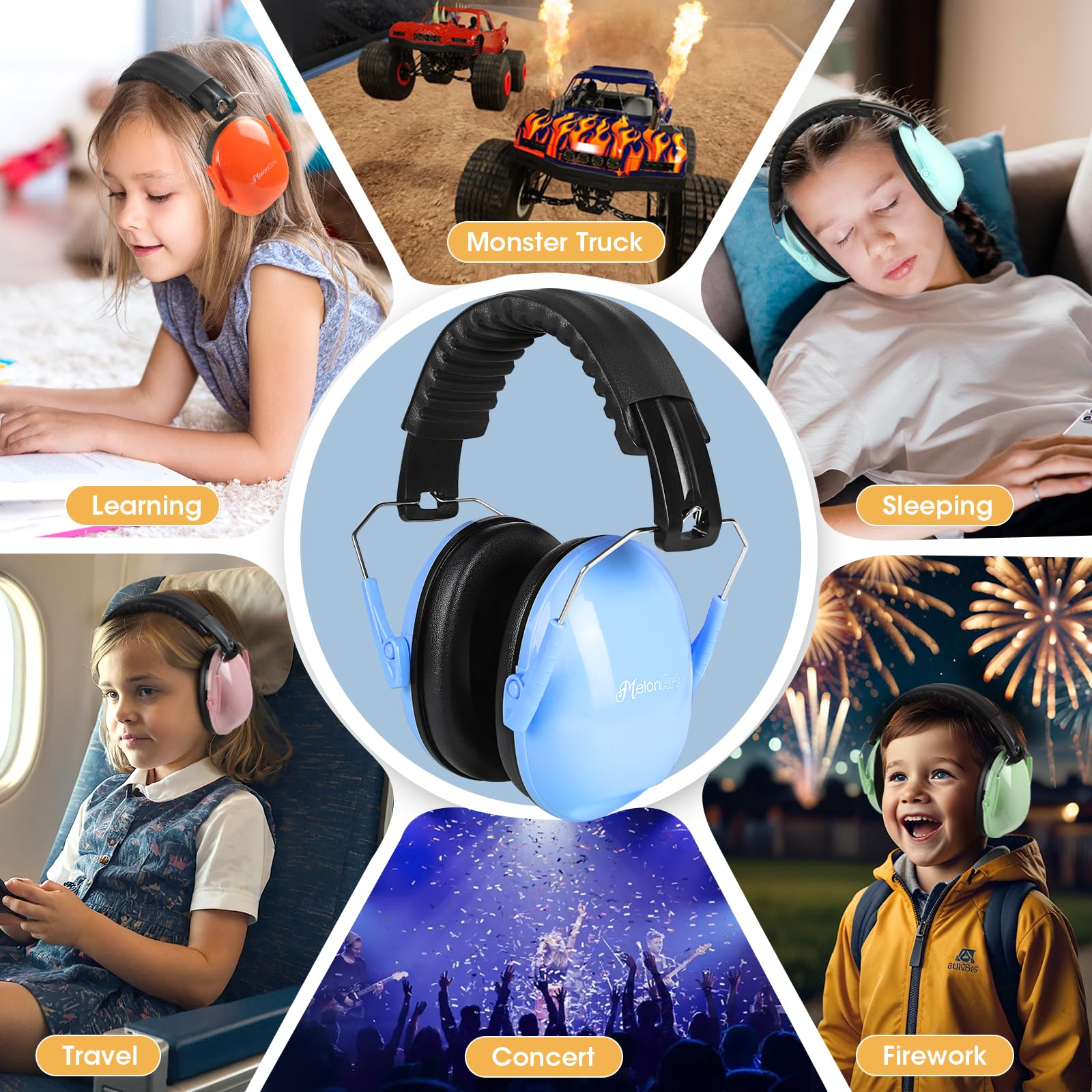 MelonArt Paquete de 6 protectores auditivos para niños, auriculares con cancelación de ruido SNR de 27 dB para niños, orejeras de seguridad a prueba de sonido para niños pequeños, reducción de ruido,