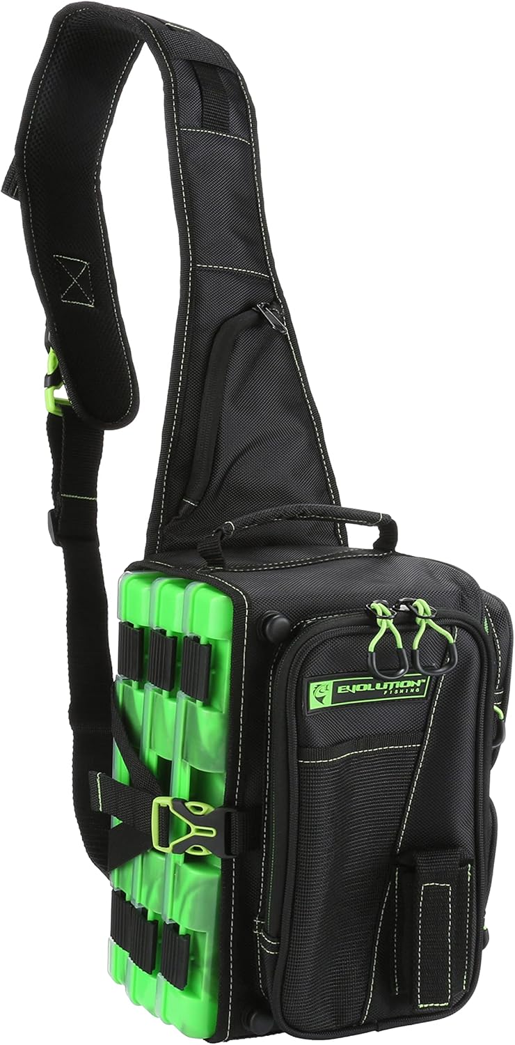 Evolution Fishing Drift Series Sling Pack - Green, 3600 Size, Outdoor Rucksack w/ 3 Fishing Tackle Trays, Built In Rain Fly, Heavy Duty Fishing Sling Pack, Tackle Carrying Case, Plier Holster