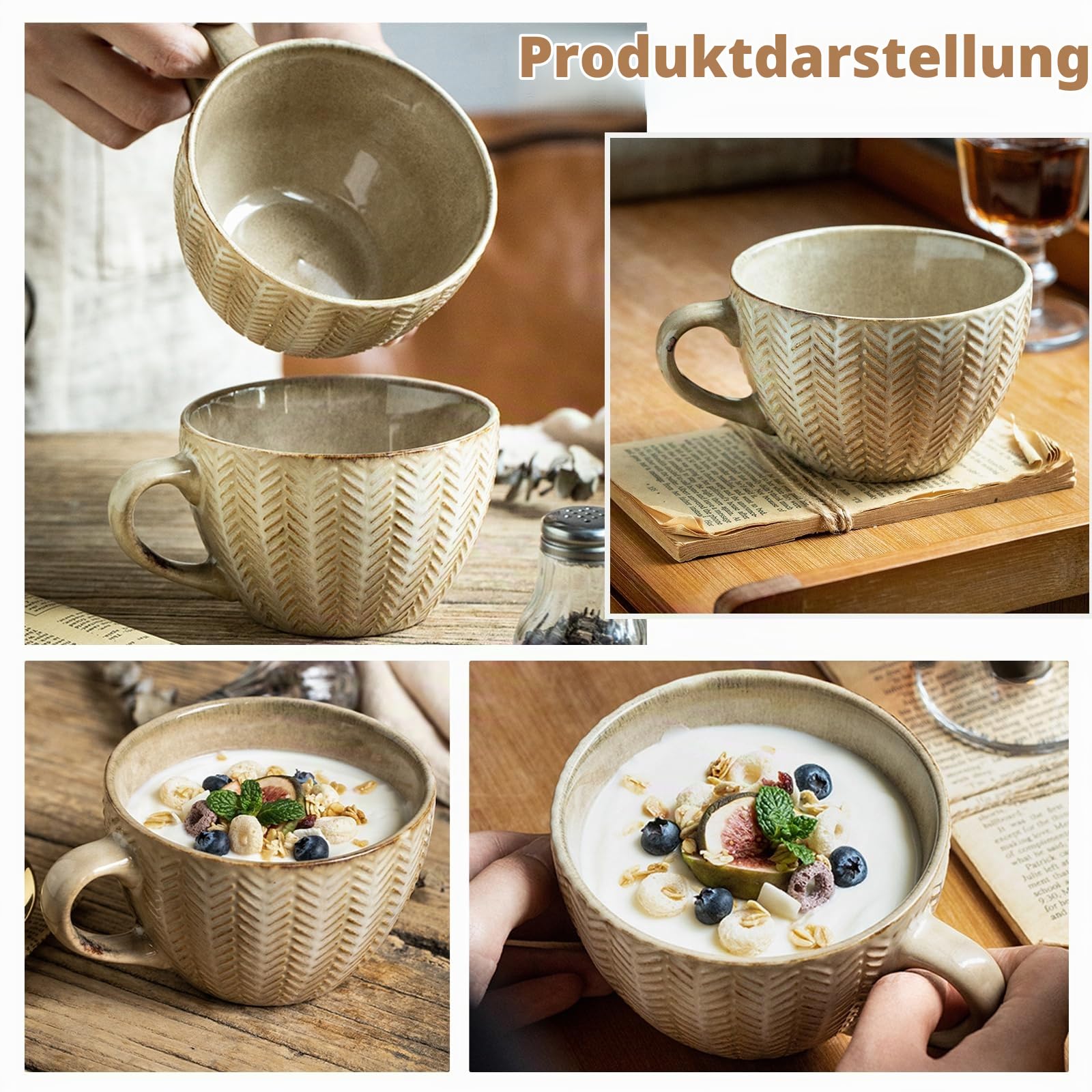 Kaffeetasse Groß, 400 ml Tasse Groß, Keramik Suppenschüssel mit Henkel, Kaffeebecher, Müslischalen Salat Schale mit Henkel, XXL Cappuccino Tassen, Ramen Schüssel (Hellgelb) Küche, Haushalt & Wohnen