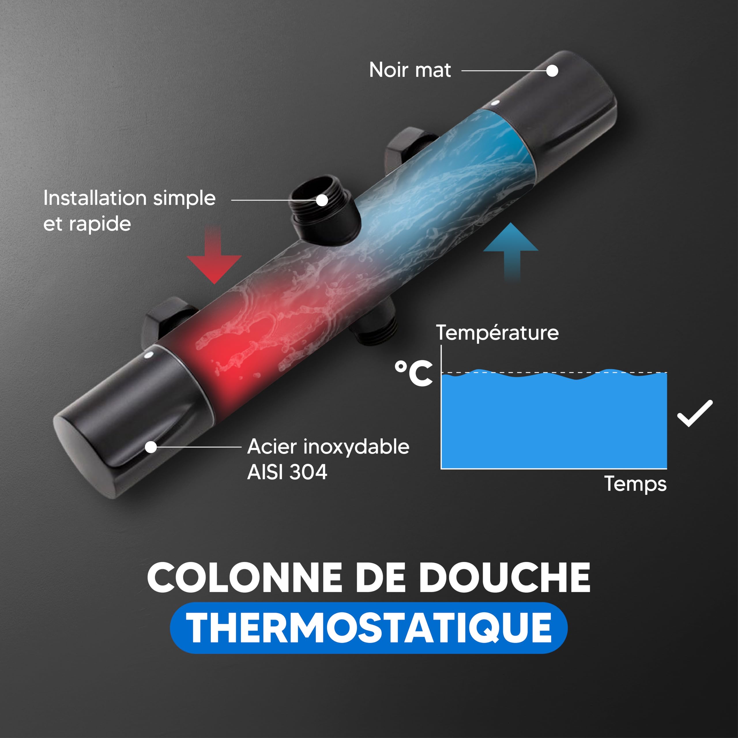 INEX EUROPA Colonne de Douche Thermostatique Noir Mat 2 Modes – Douchette et Pommeau Carré – Colonne de Douche Thermostat avec Sécurité Anti-Brûlure et Garantie 10 Ans Haute Qualité
