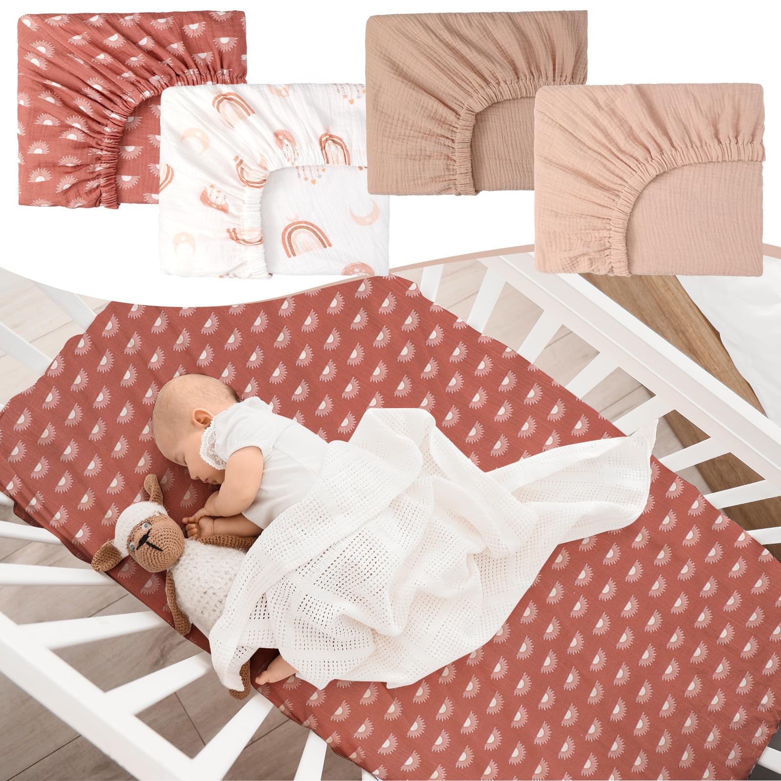 Mindsoft 4-teiliges Musselin-Spannbettlaken-Set für Jungen und Mädchen, Spannbettlaken für Kinderbetten für Standard- und Kleinkindermatratze, weiche und atmungsaktive Baumwolle, Baby-Bettlaken, 71,1