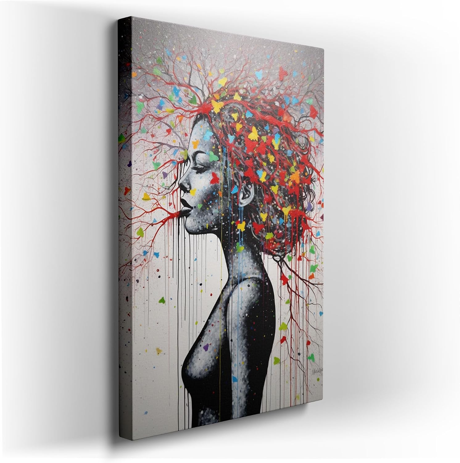 Canvas for Living room. Vibrant Hues and the Tree of Life: The Ethereal Essence of a Black Woman's Portrait, 27 x 18 inch Canvas Wall Art - Contemporary Masterpieces - Modern Home Decor