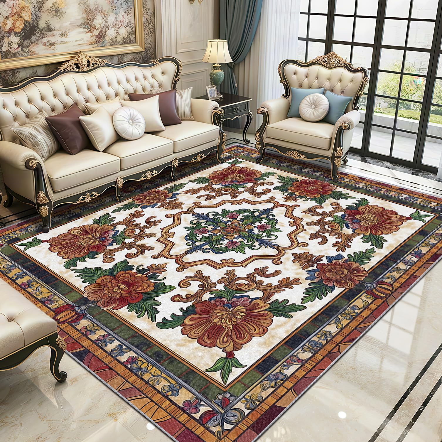 TerroVee Traditional Area Rugs for Living Room 80x150 - European Classic Ornate Floral Rug for Bedroom, Luxury Vintage Non Slip Washable Short Pile Carpet, Traditional Room Decor