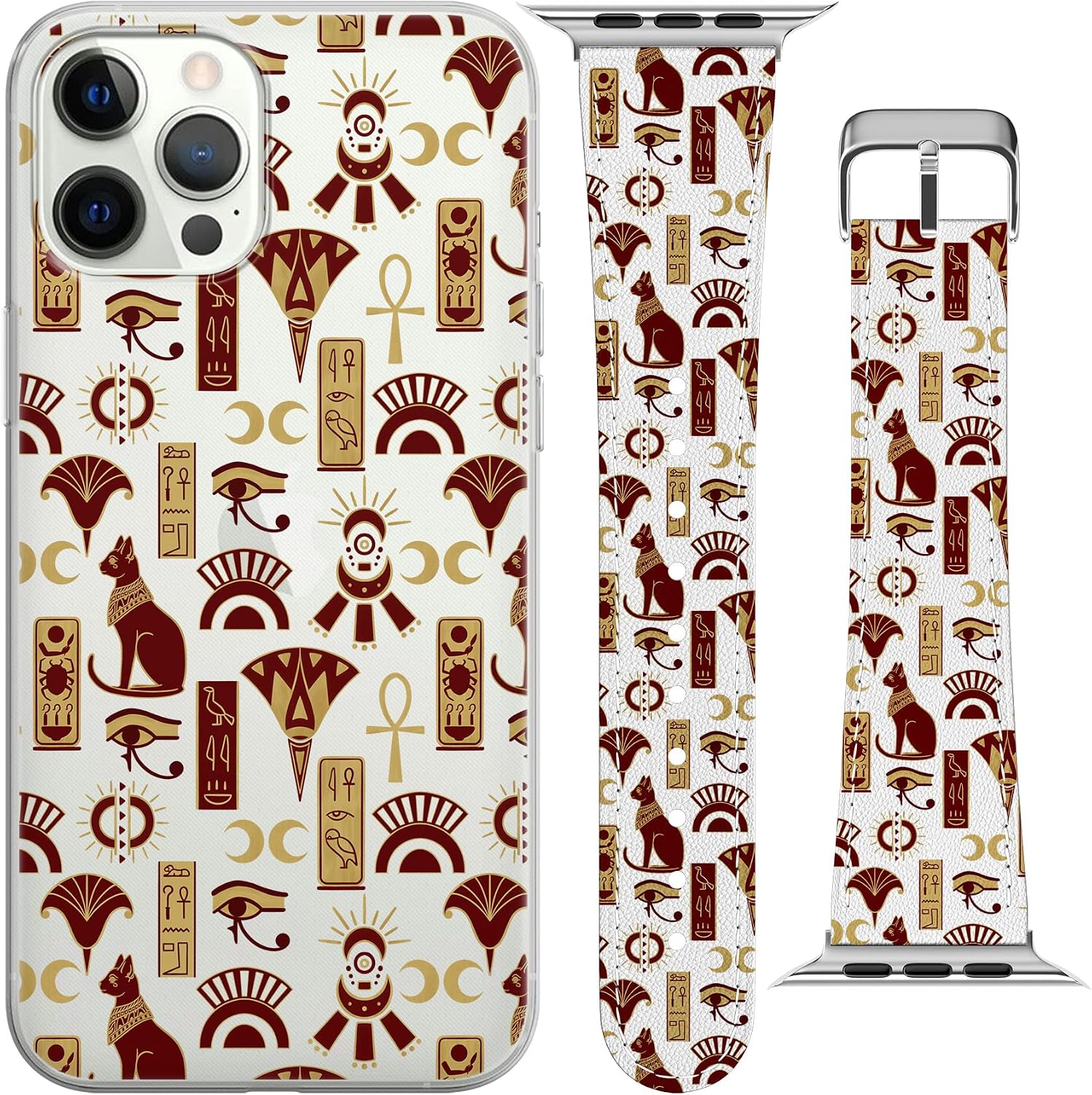 Wrist Band Compatible for Apple Watch Series 7/6/5/4/3/2/1/SE & Matching Phone Case Horus Eye Egyptian Boho PU Leather Replacement Strap 38-40-42-44 mm Bracelet Print Ancient Egypt Anubis image 2