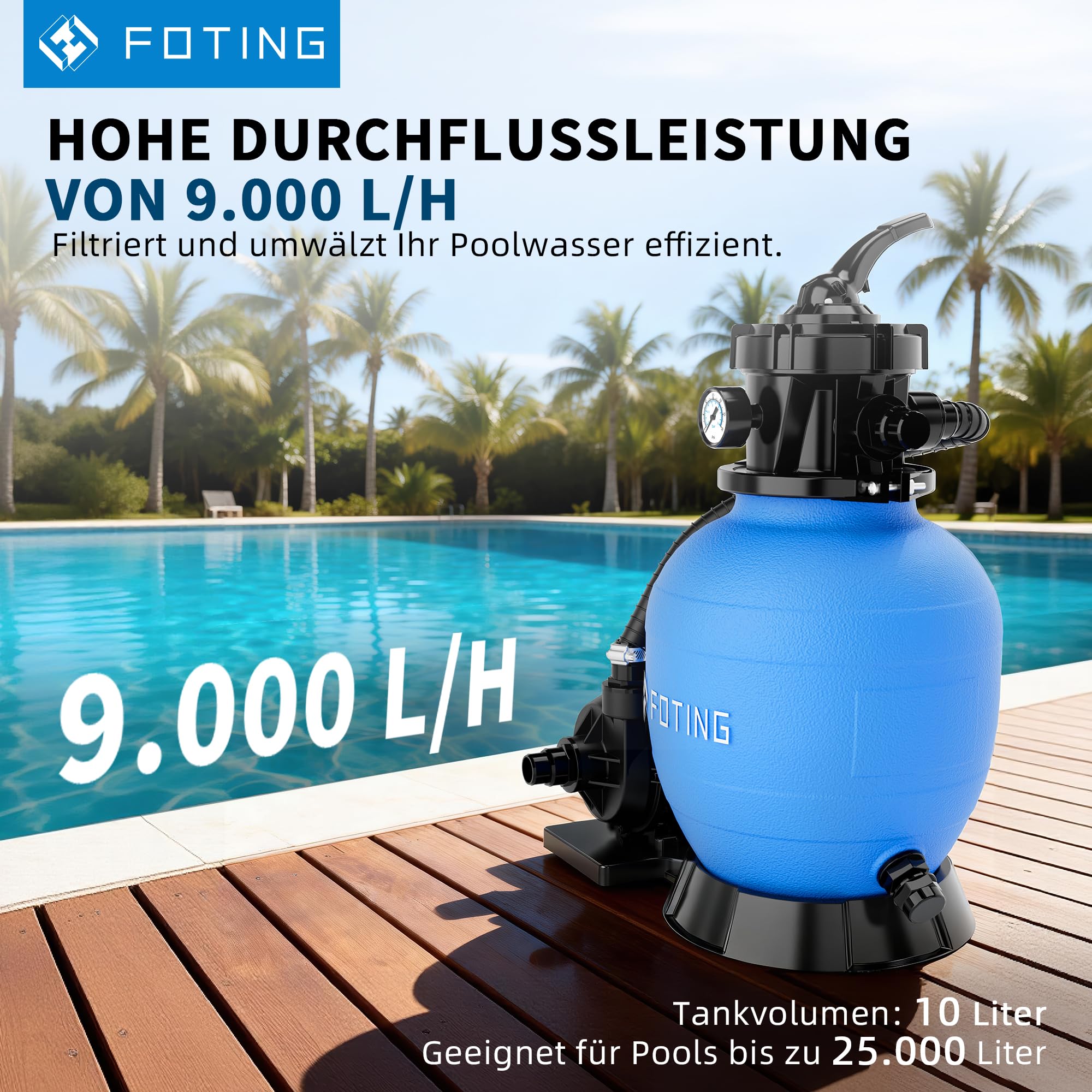 FOTING Système de Filtre à Sable pour Piscine 9 000 L/h (9 m³/h) INCL. 200 g de Billes Filtrantes, Filtre de Piscine avec Vanne 7 Voies, Adaptateur 2-en-1 Ø32–38 mm