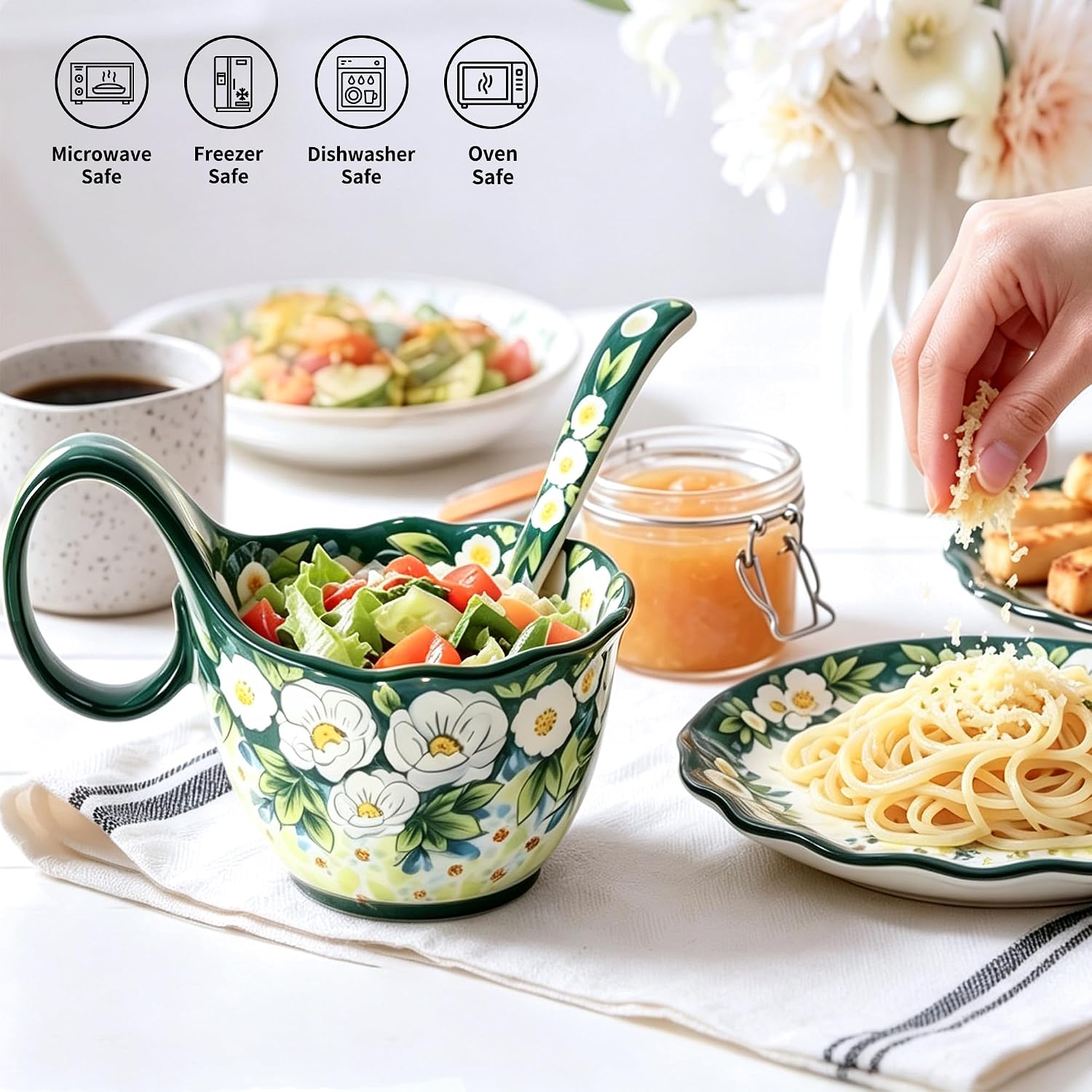 ALMA 16oz Soup Bowl with Handle, Ceramic Soup mug Set with Spoon&Side Plate