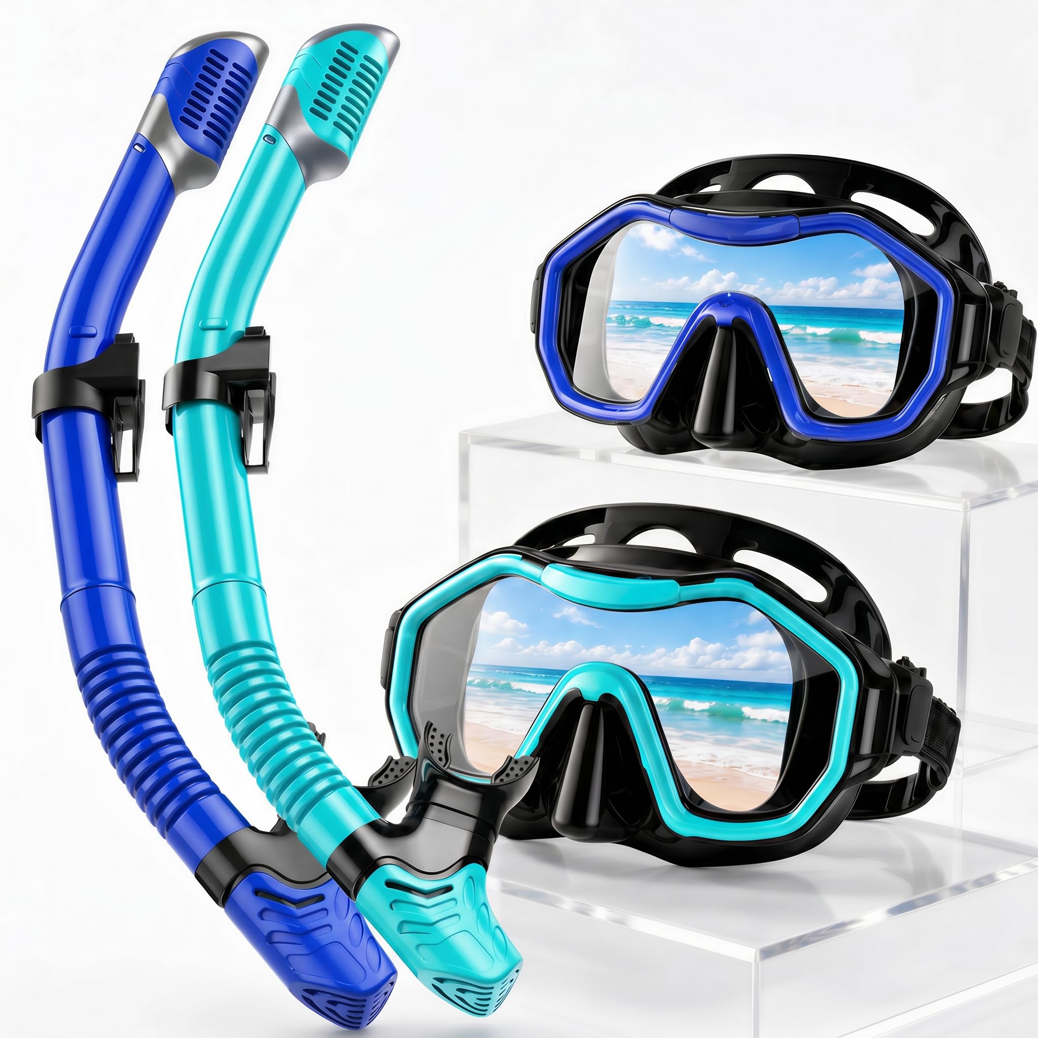 Equipo de esnórquel para adultos y niños, juego de esnórquel con parte superior seca, panorámica de 180°, máscara de buceo para respirar libremente, máscara de esnórquel para esnórquel,