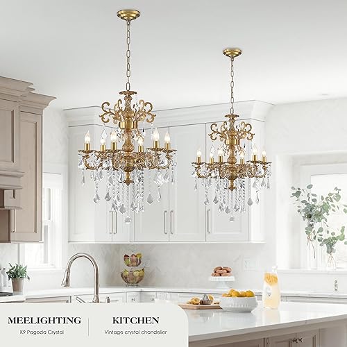 Miniatura 4 de Candelabros de cristal de bronce antiguo de lujo con lámpara colgante de vela, lámpara de techo de 6 luces de cristal dorado para comedor, sala de