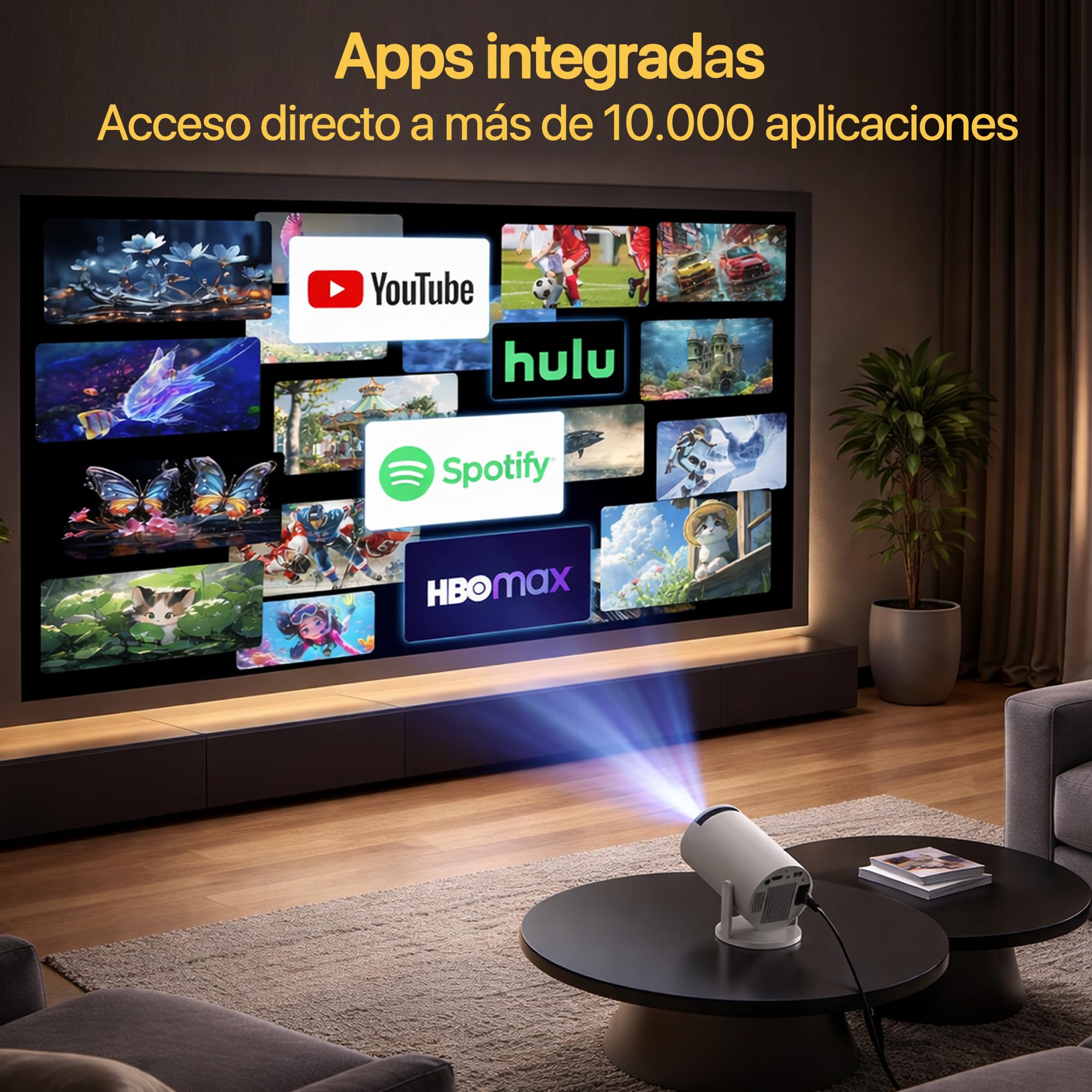 Proyector Portátil 4k WiFi, Bluetooth [Apps Integradas] Sistema Android 2026 Upgraded Mini Proyector de vídeo con Altavoz Integrado, Rotación 180° proyector Cine FullHD Compatible HDMI/portátil/móvil.