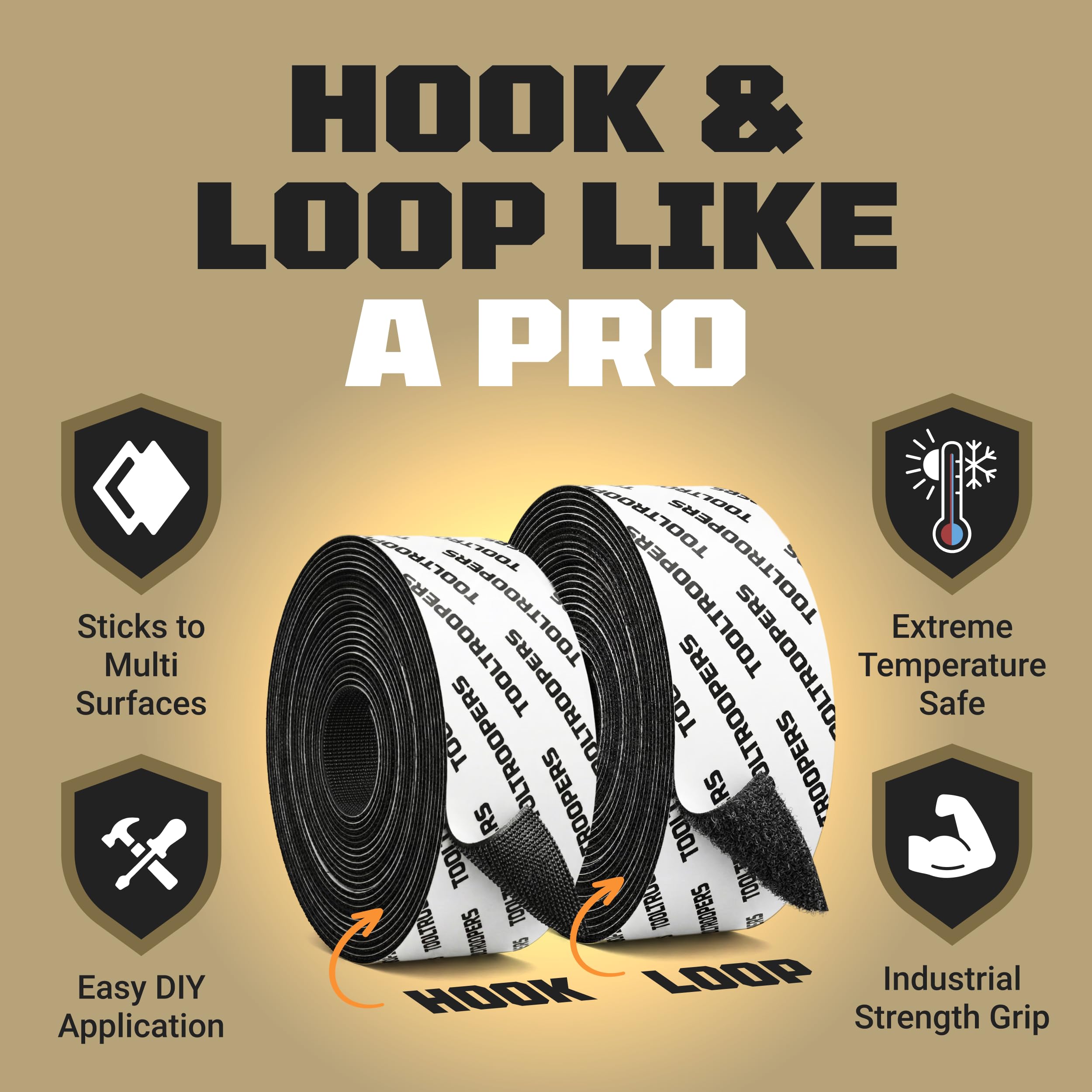 TOOLTROOPERS Cinta de montaje de gancho y bucle resistente, diseñada para uso extremo en exteriores con adhesivo extrafuerte, UV y resistente a la intemperie, soporta hasta 20 libras en ladrillo