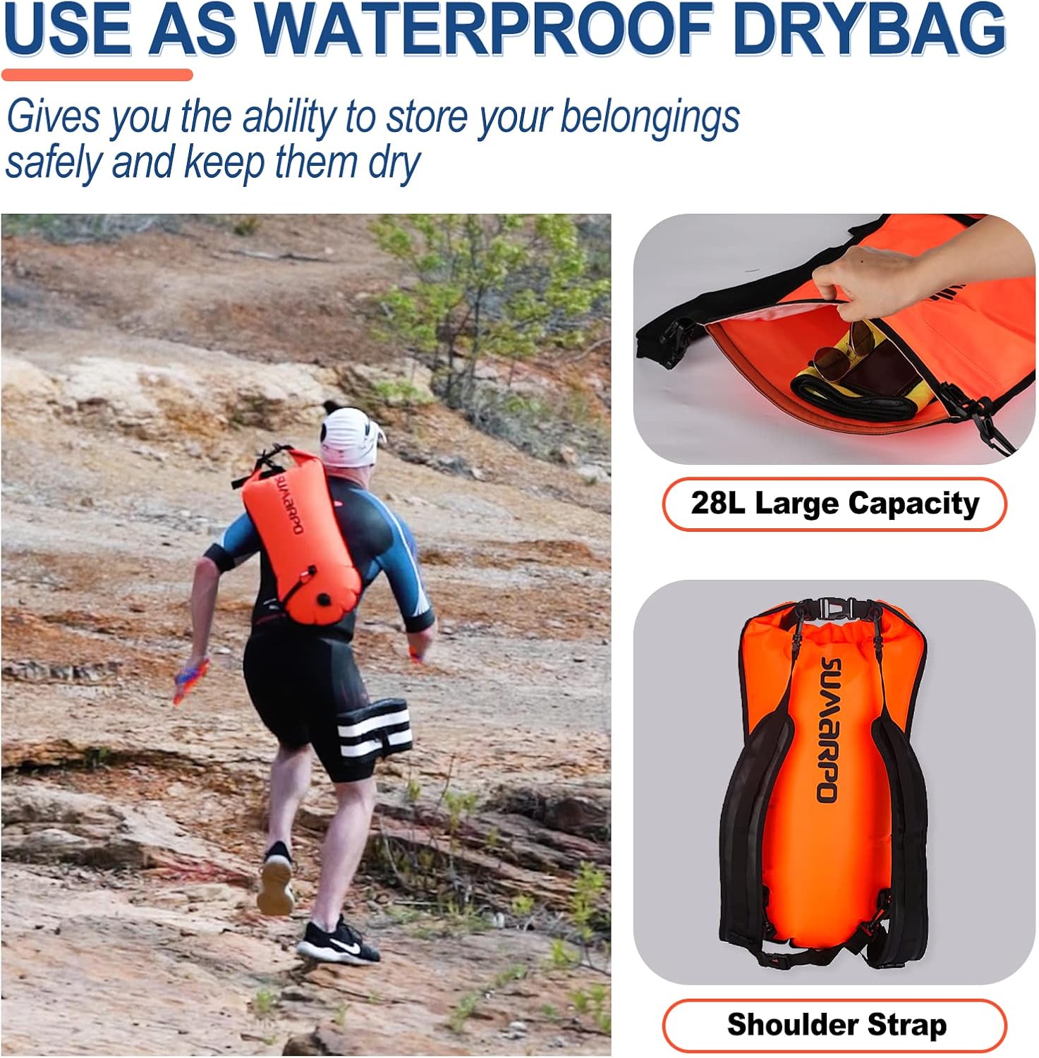 SUMARPO Swim Buoy with 28L Drybag, Waterproof Bag for Boating, Fishing, Visible Safety Float Swim Bubble for Open Water, Swimrun, Triathletes, Snorkelers