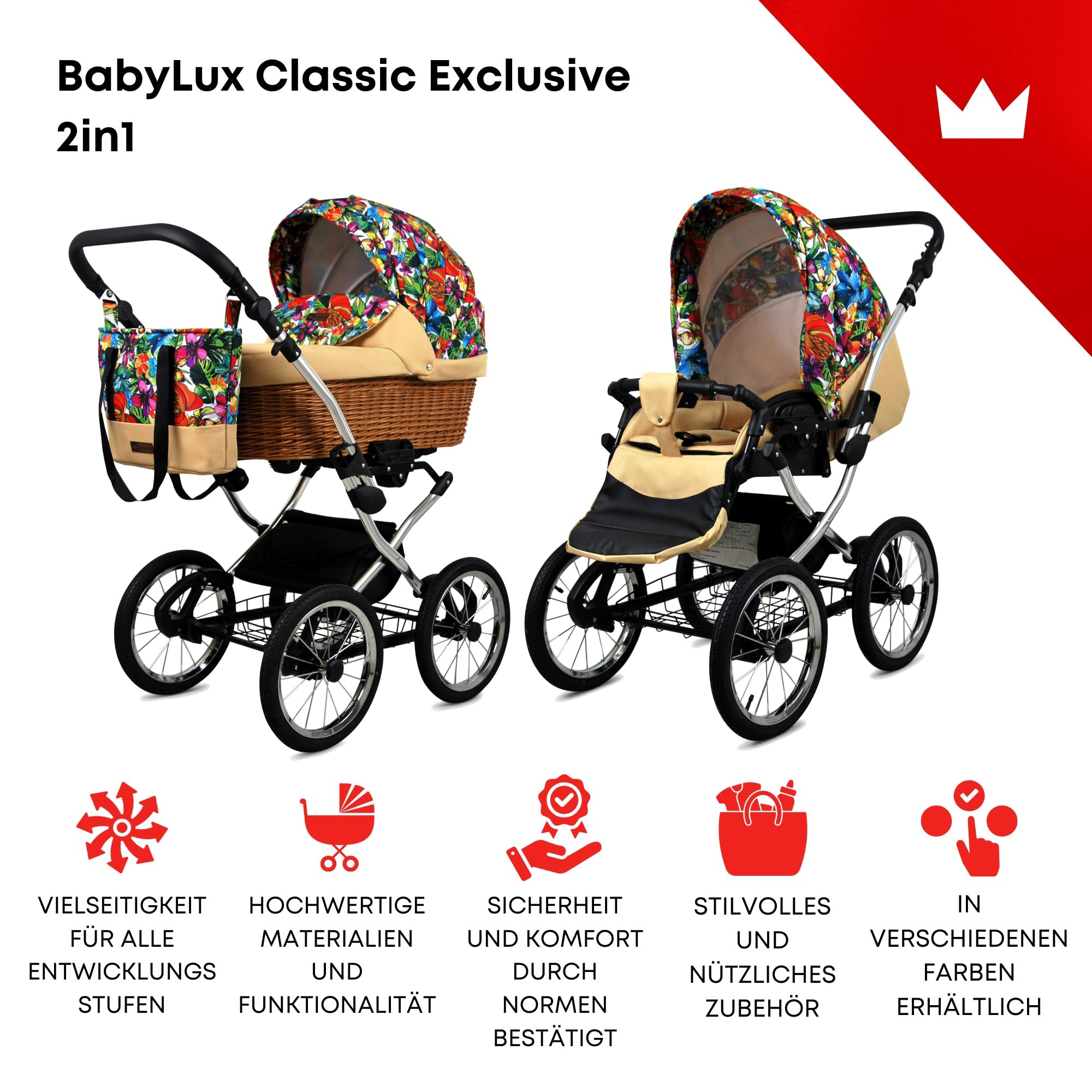 BabyLux ALU 2in1 Passeggino per Bambini - 59x105x125cm Max 15kg Jungle Flowers Silver Frame