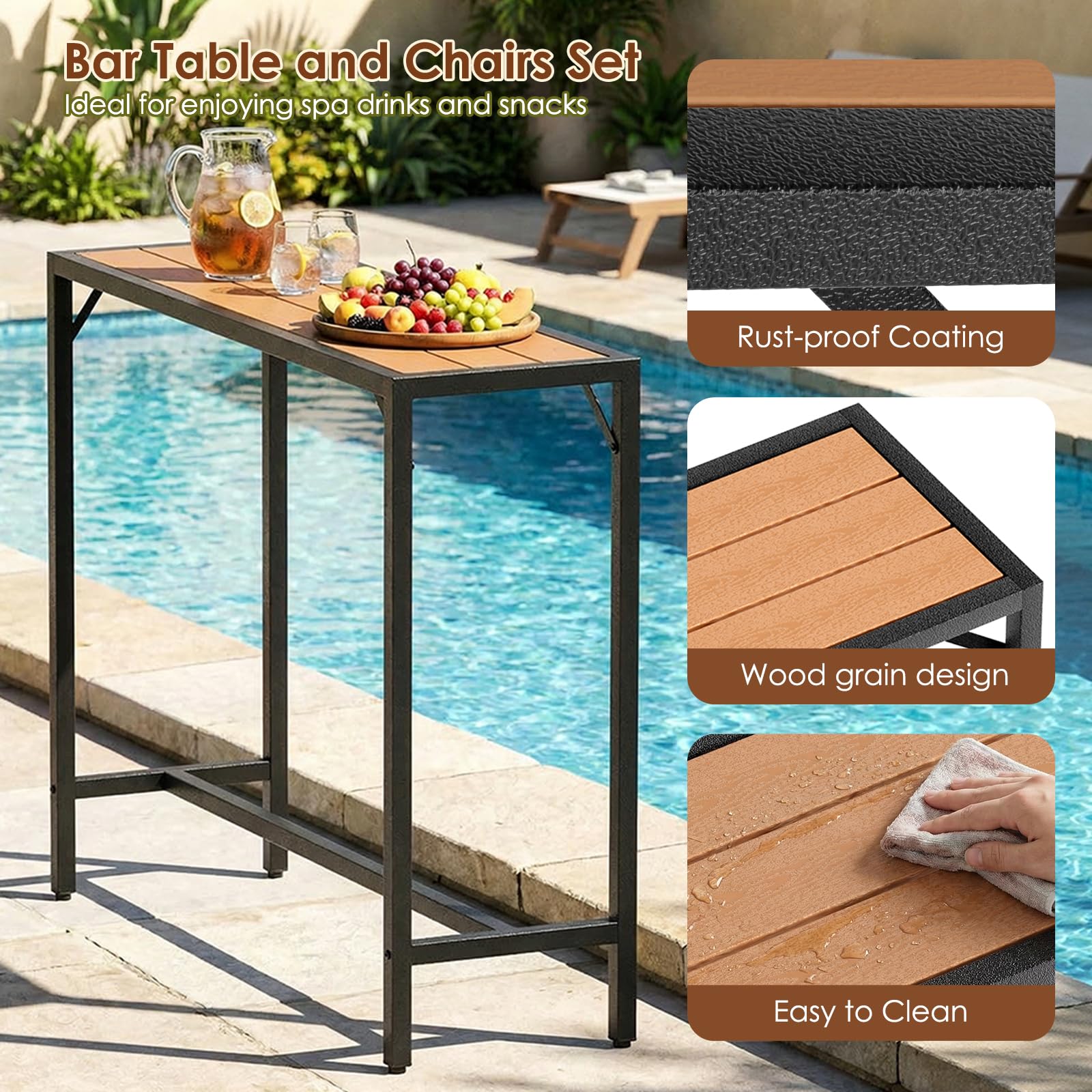 Table Haute de Jardin Clevich 120x38x98 cm Mange Debout Exterieur Plateau Étanche Pieds Réglables Hauteur Bois