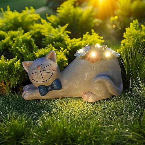 Gardenfans Estatua de gato para decoración de jardín al aire libre con luz solar exterior, estatuilla de gato de resina impermeable para decoración