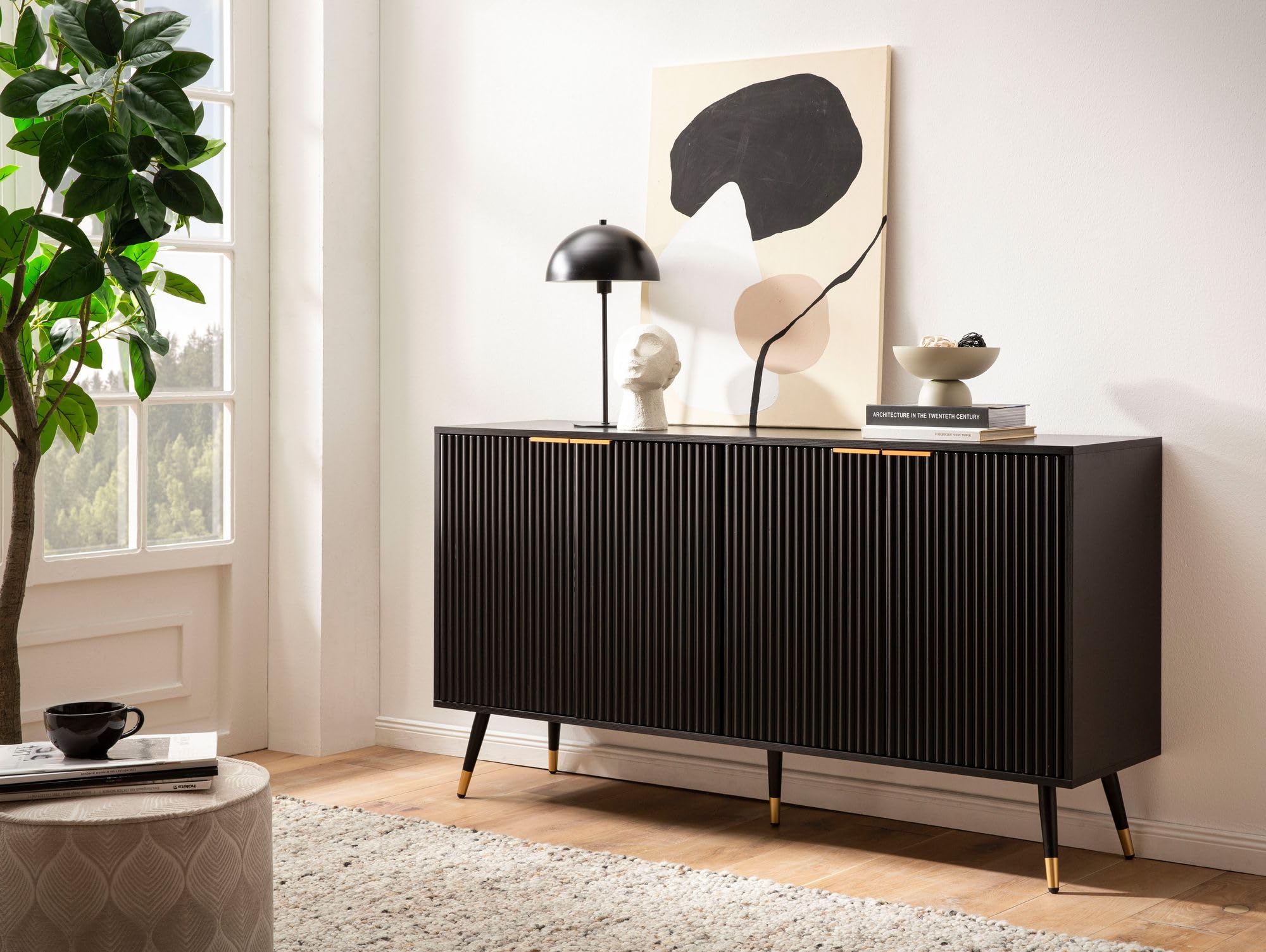 FineBuy Sideboard 150x39x81 cm Schwarz Eiche-Dekor mit Türen