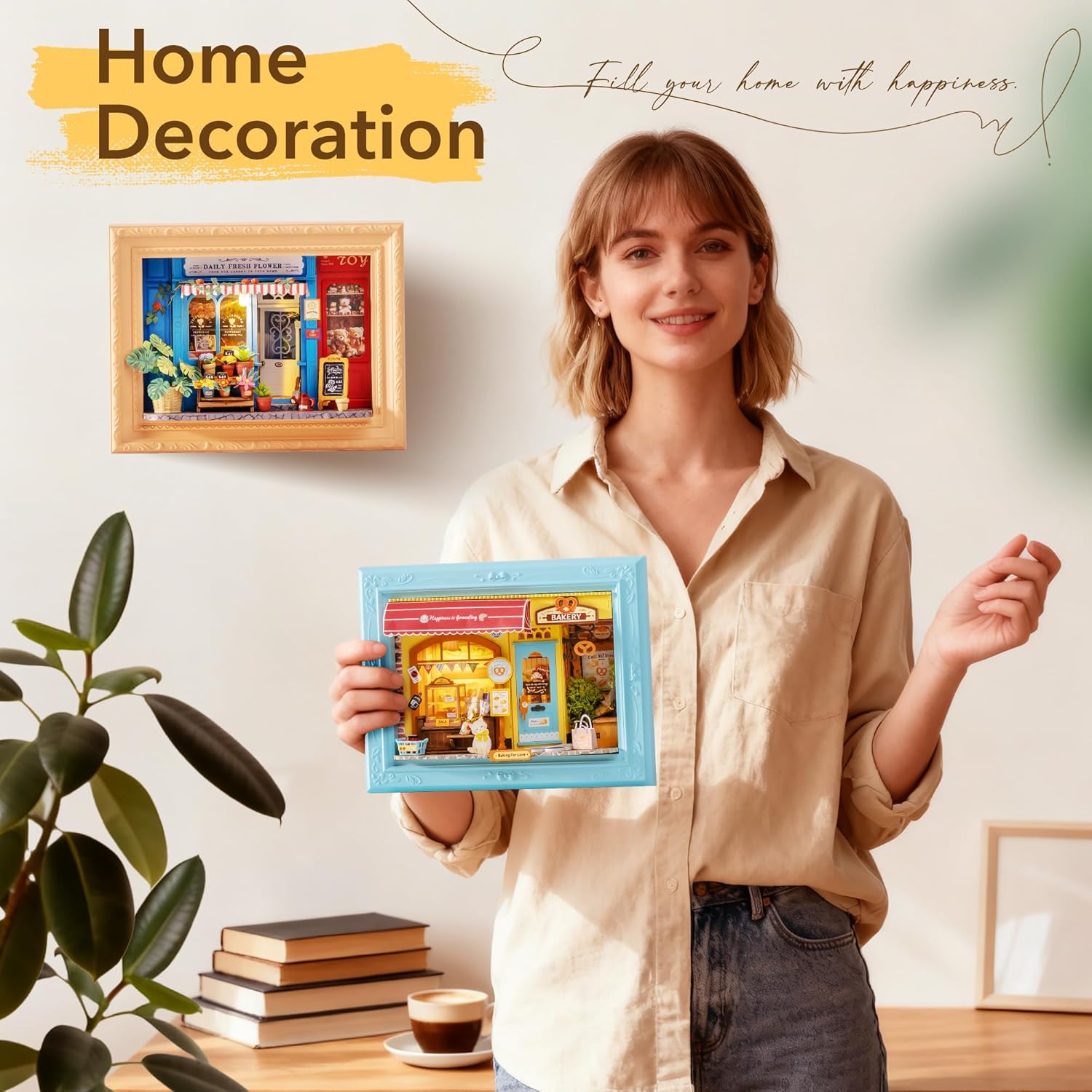 Rolife DIY Miniature House Kit, Mini Wooden Dollhouse Kit for Adults to Build, 3D Shadow Box Frame Home Wall Hanging Decor Diorama Kit, for Girls Women Teens-Fluffy Cat Bakery
