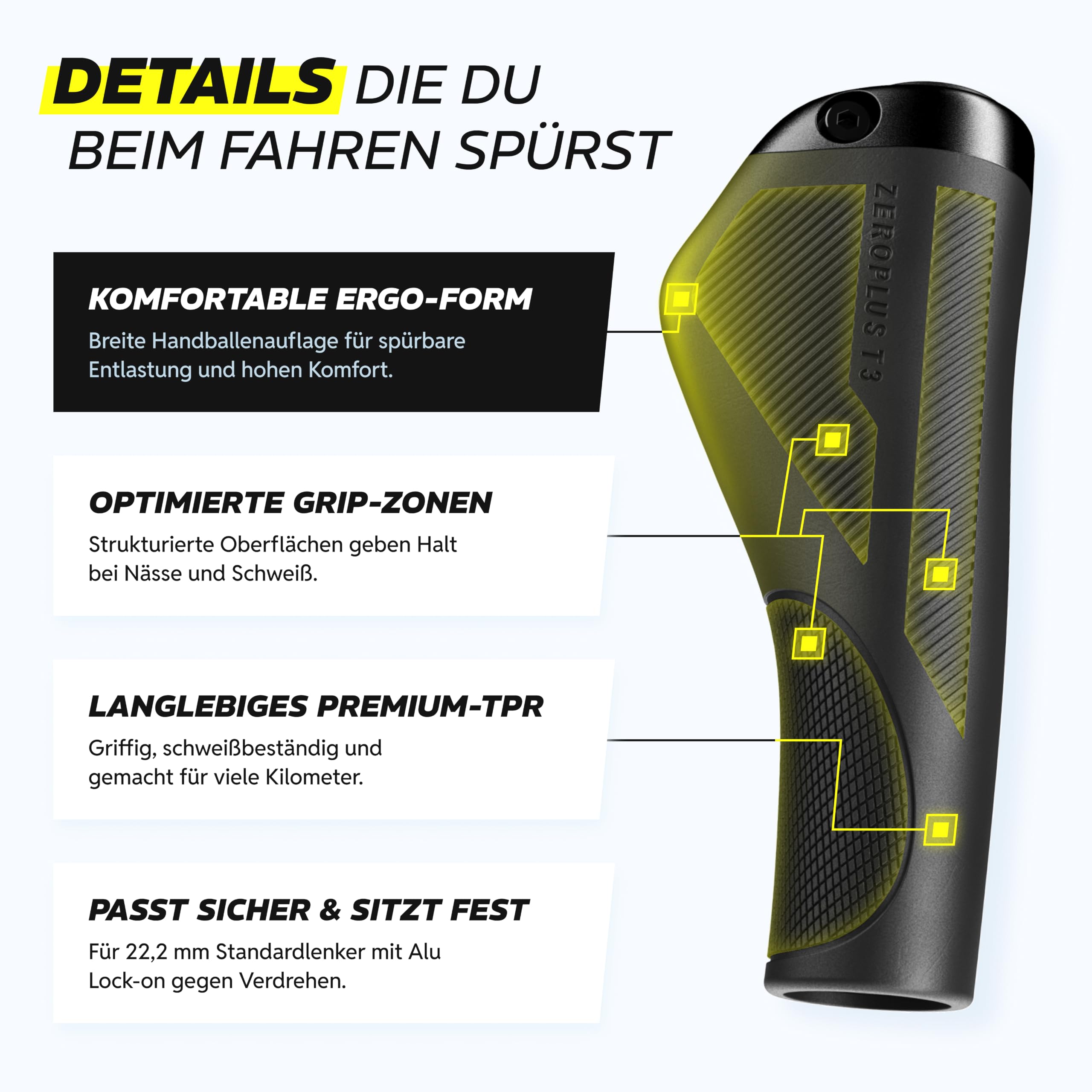 Alphatrail ZeroPlus Fahrradgriffe ergonomisch mit Flügelgriff & Handballenauflage, Lock-On Lenkergriffe 22,2 mm, 1 Paar, Ergo-Griffe für Fahrrad, E-Bike, Trekking & City