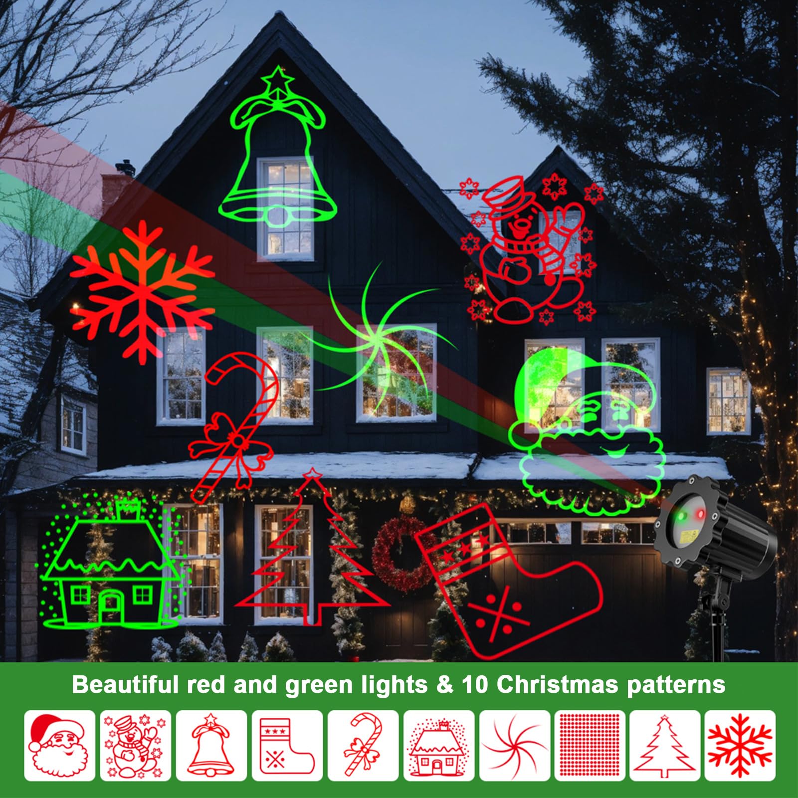 Proiettore di luce natalizia con telecomando, 10 modelli LED, rosso e verde, per decorazione natalizia per interni ed esterni, per cortile, casa e parete