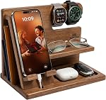 TESLYAR Cadeaux pour hommes – Station d'accueil pour téléphone en bois, Organisateur de table de chevet, Cadeau Pères, Cadeaux pour lui, Anniversaire, Anniversaire de Noël, Idées cadeaux pour hommes, Porte-porte-portefeuille (Bourbon Brown)