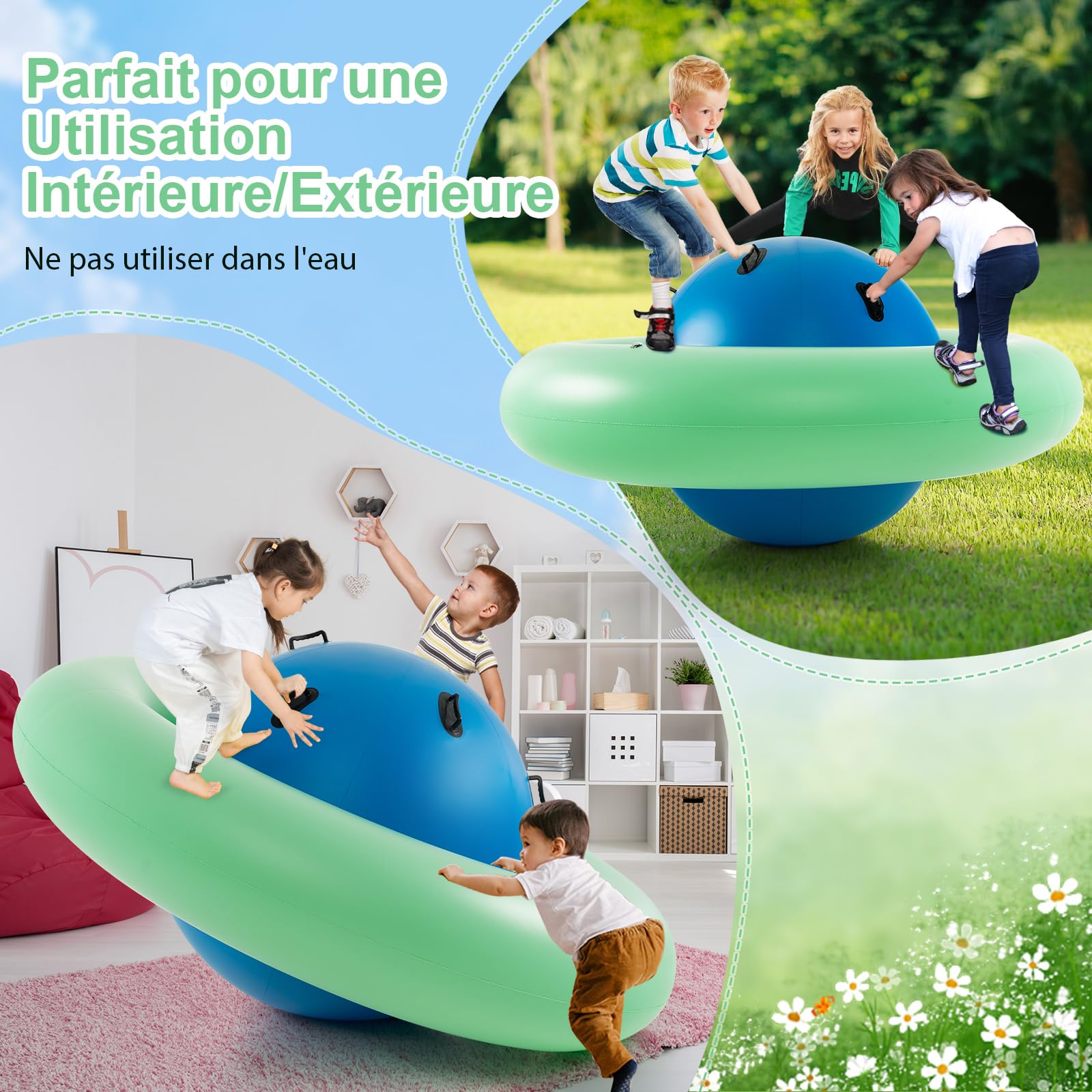 COSTWAY Balle Gonflable Enfants Ø233cm avec 6 Poignées, Château Gonfable en PVC avec Surface Élastique, Balle Rebondissante Intérieur Extérieur pour 3 Enfants de 5 Ans+, Charge 113kg (Bleu+Vert)