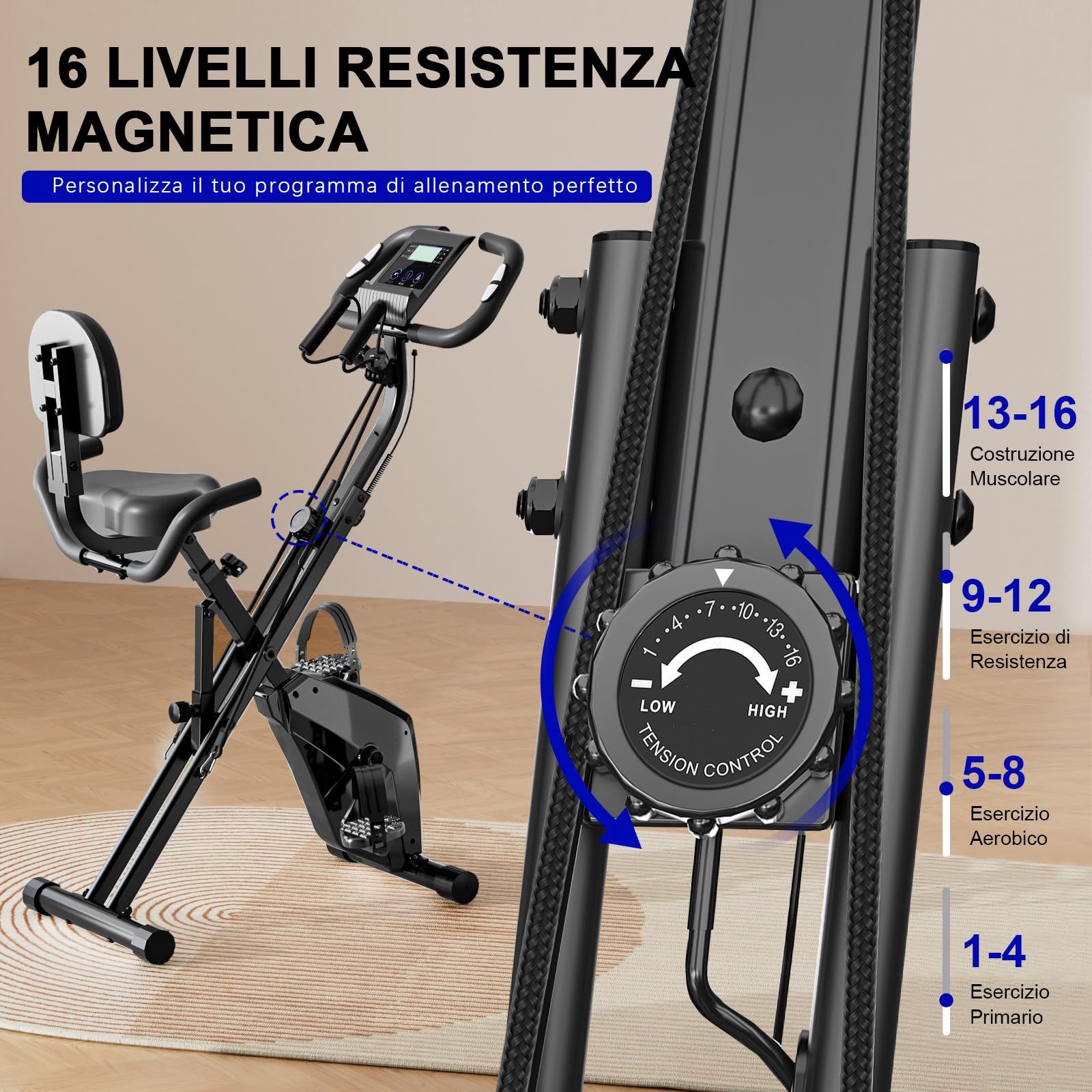 Cyclette Pieghevole da Casa 4 in 1, Bicicletta magnetica pieghevole, Resistenza magnetica regolabile a 16 livelli, monitor LCD e sensore di frequenza cardiaca