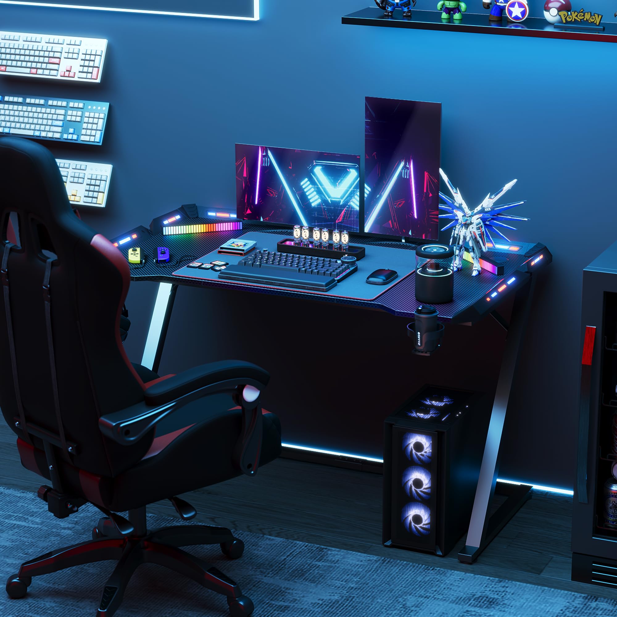 Claiks Gaming Tisch mit LED, 140 x 60 cm Gaming Schreibtisch Z-Frame, Ergonomischer Gamer PC Tisch mit Getränkehalter, Kopfhörerhaken, Stabiler Computertisch, Schwarz