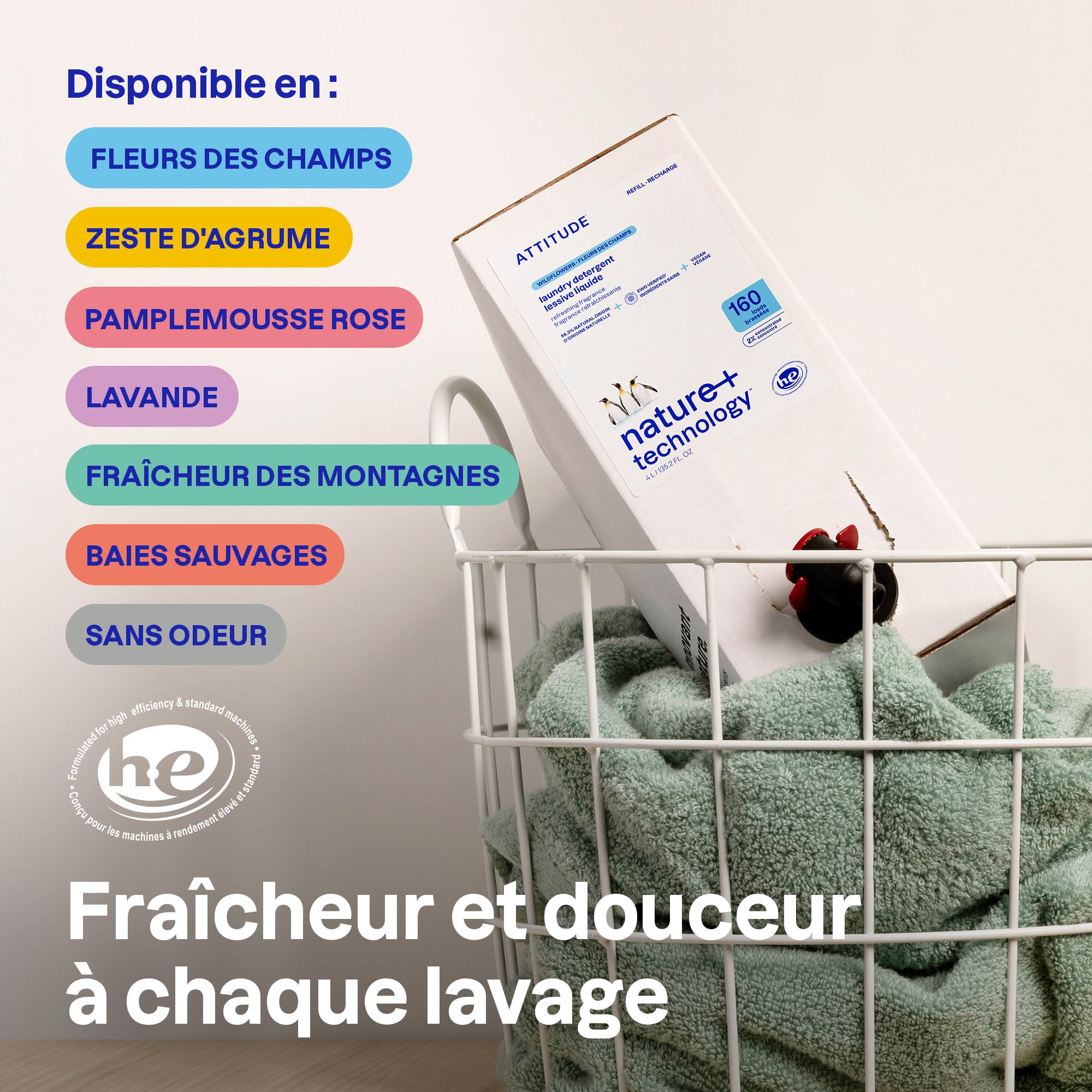 ATTITUDE Recharge Lessive Liquide, certifiée EWG, HE, végan, à base de plantes, parfum Baies d’Été, 160 brassées, 4 L