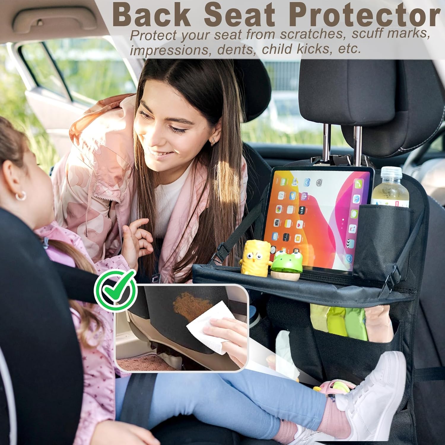 Car Seat Organizers,Multi-functional Back Seat Protectors, Storage Pouches, Child kicking prevention and Tray Holders Kick Mats Back (for Cars, Kids,and Rear Seats) (Black, 2 Pack with Food Tray)