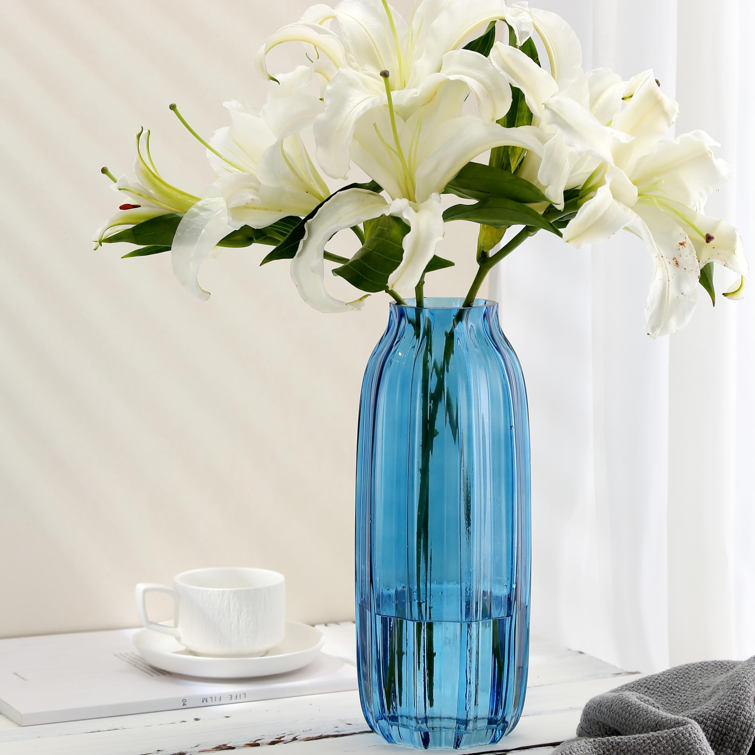 JAKY Global - Elegante jarrón de cristal azul de 32 cm de alto, centro de mesa grande y alto para decoración del hogar u oficina, impresionante jarrón de cristal para flores, perfecto para casa de