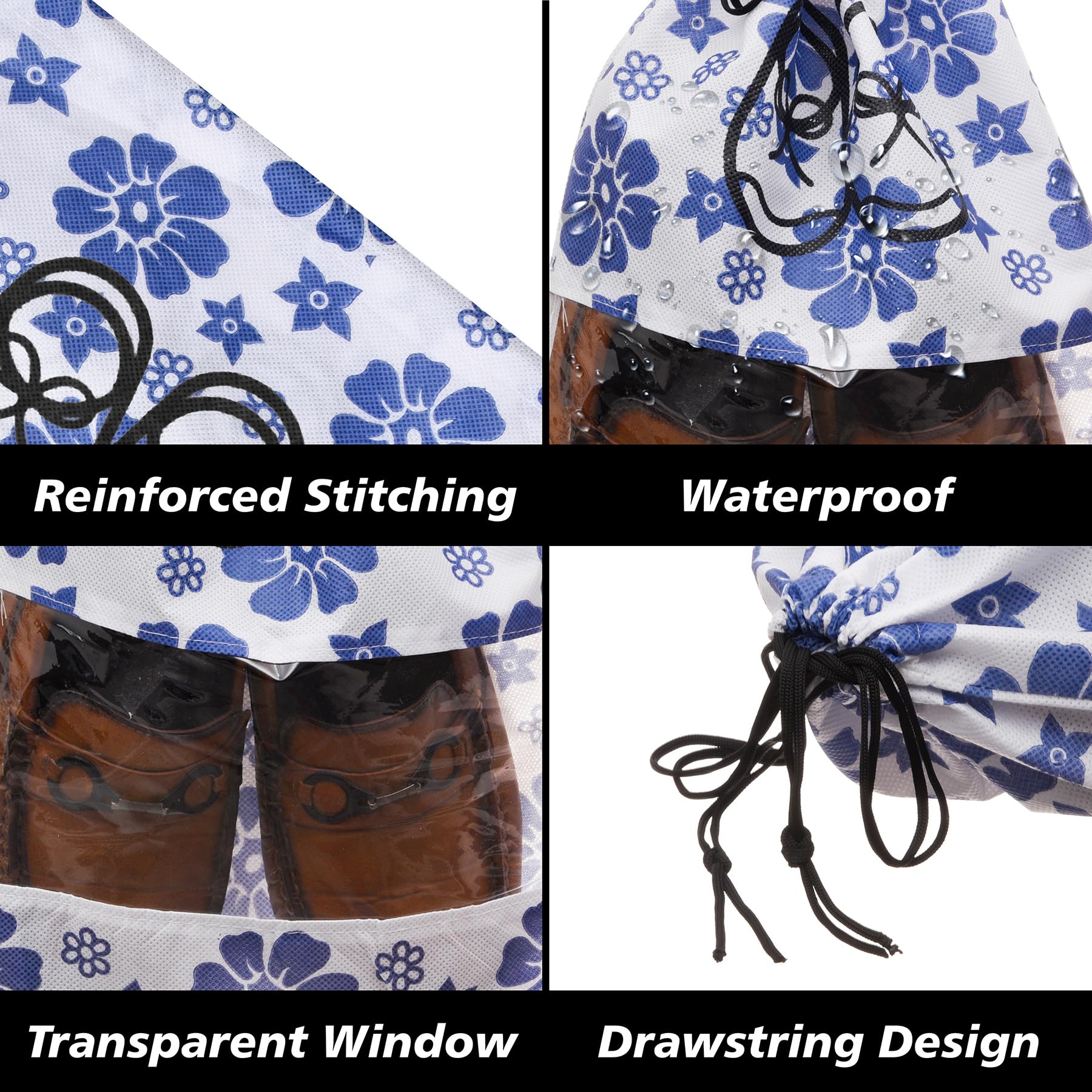 Kuber Industries Schuhüberzug | Reise-Schuhaufbewahrungstaschen | Vlies-Aufbewahrungsbeutel | Schuhüberzug mit Kordelzug | Schuh-Organizer mit transparentem Fenster | Blaues Blumen-Design | 6 Stück |