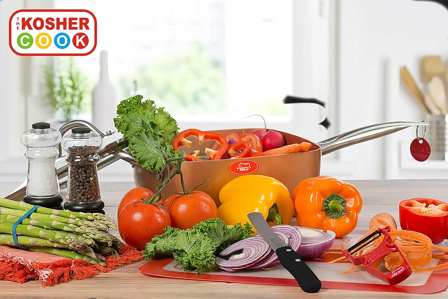 Black Kitchen Knife – 6” Serrated Steak and Vegetable Knife - Razor Sharp. Pointed Tip - Color Coded Kitchen Tools by The Kosher Cook