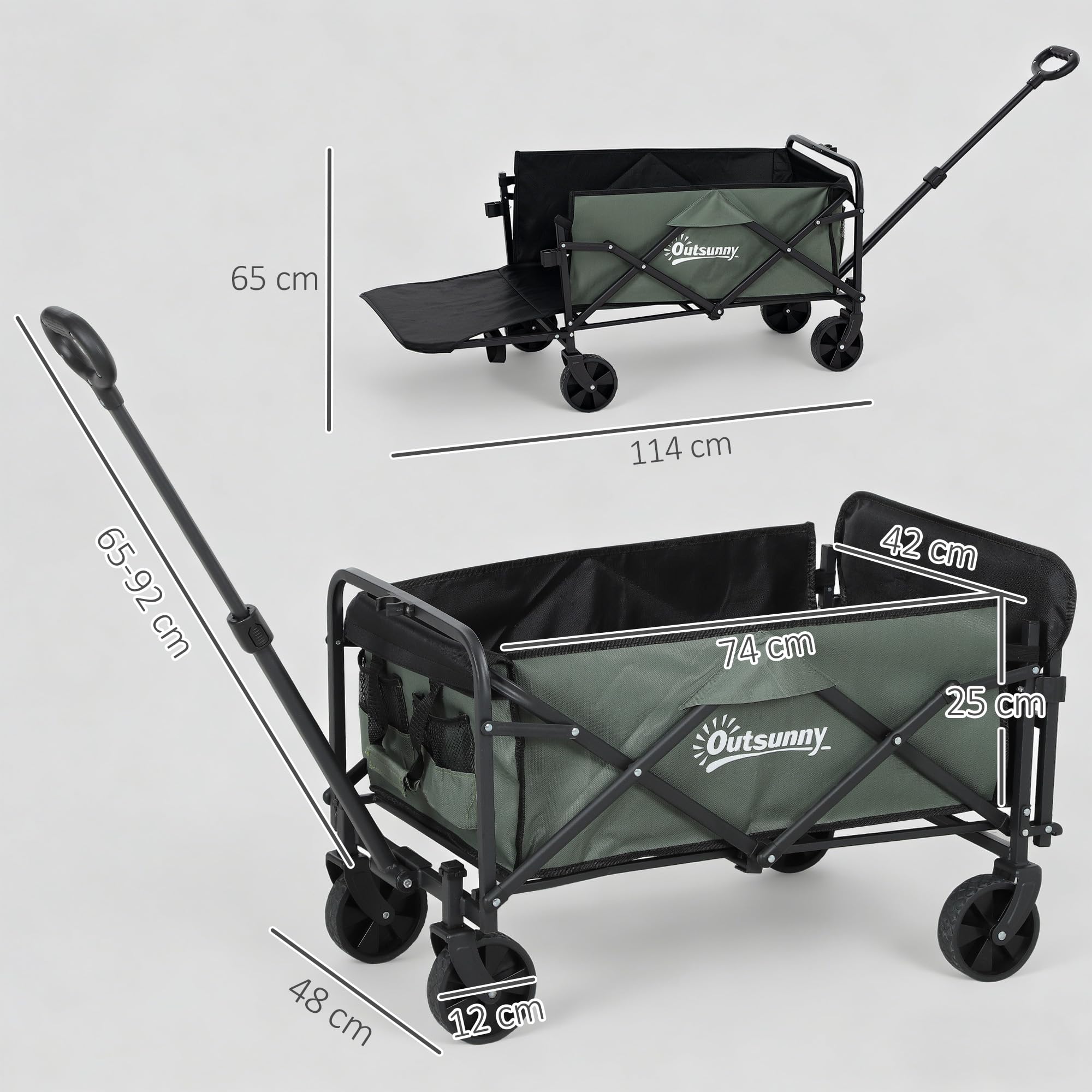 Outsunny Chariot de Transport Pliable, Chariot à roulettes avec poignée télescopique, 2 Poches, Ouverture arrière, pour extérieur, Festival, Camping, Plage, Vert