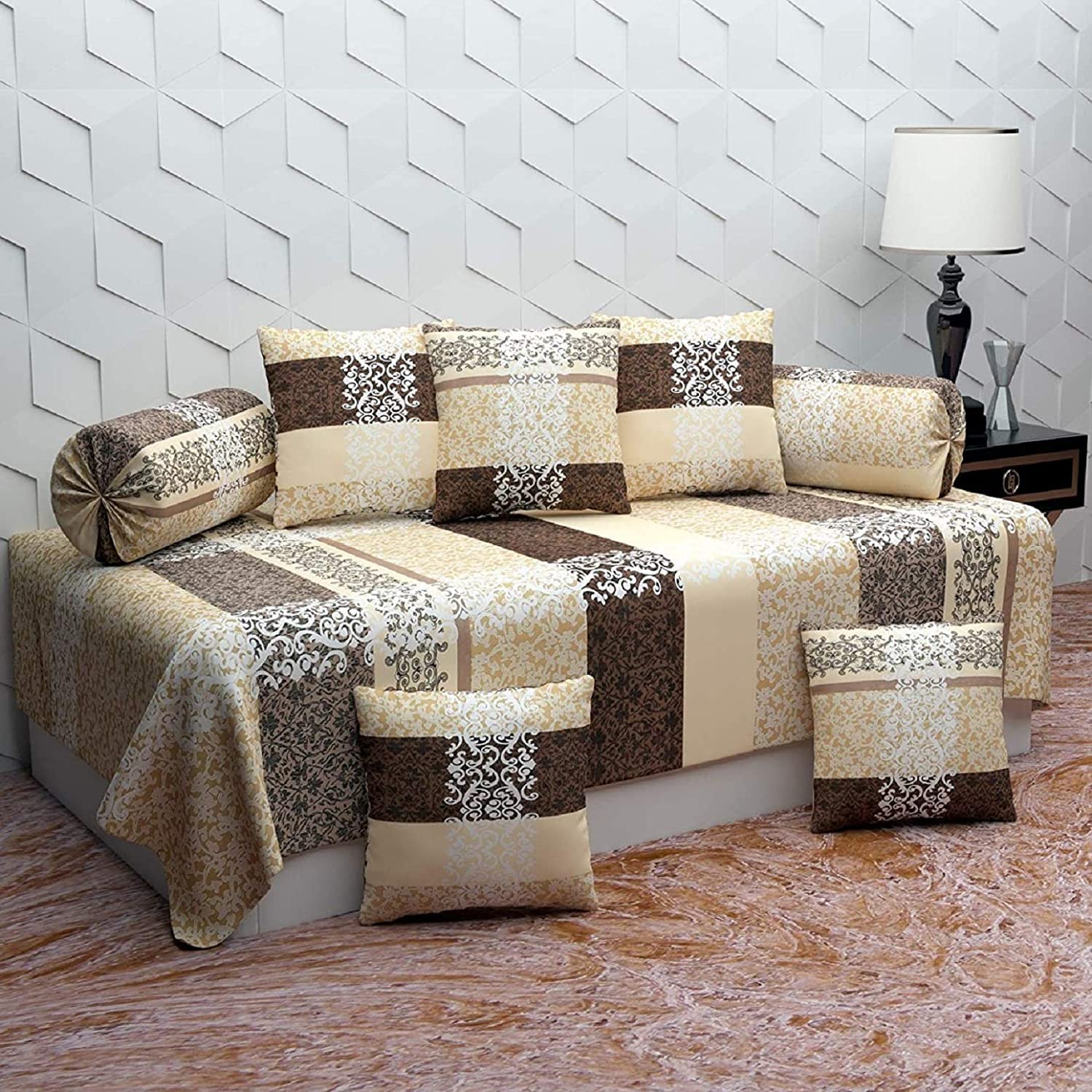Diwan Set of 8Pc. (1 Bedsheet 2 Bolster Covers & 5Cushion Covers) 23 Patterns (W7)-image-39