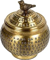 CreativeCo-Op Round Hammered Brass Metal Container with Bird Finial - Farmhouse Cottage Decor Accent, 6in Diameter