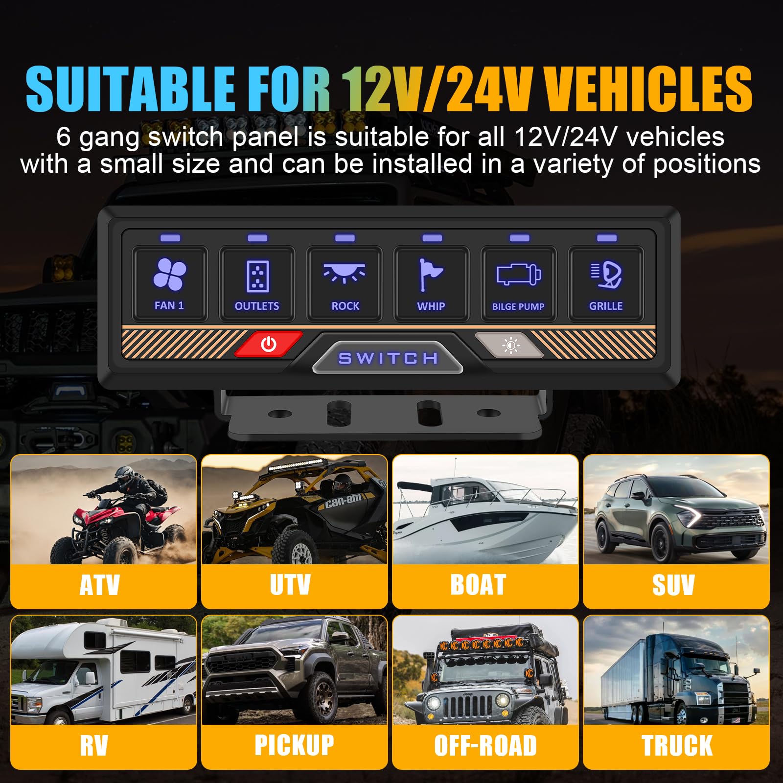Chelhead 12 V/24 V Pannello di controllo RGB 6 posizioni dimmerabili multifunzione programmabile accessori controllo batteria impermeabile, compatibile con camion, barca, SUV, camper, rimorchio marino
